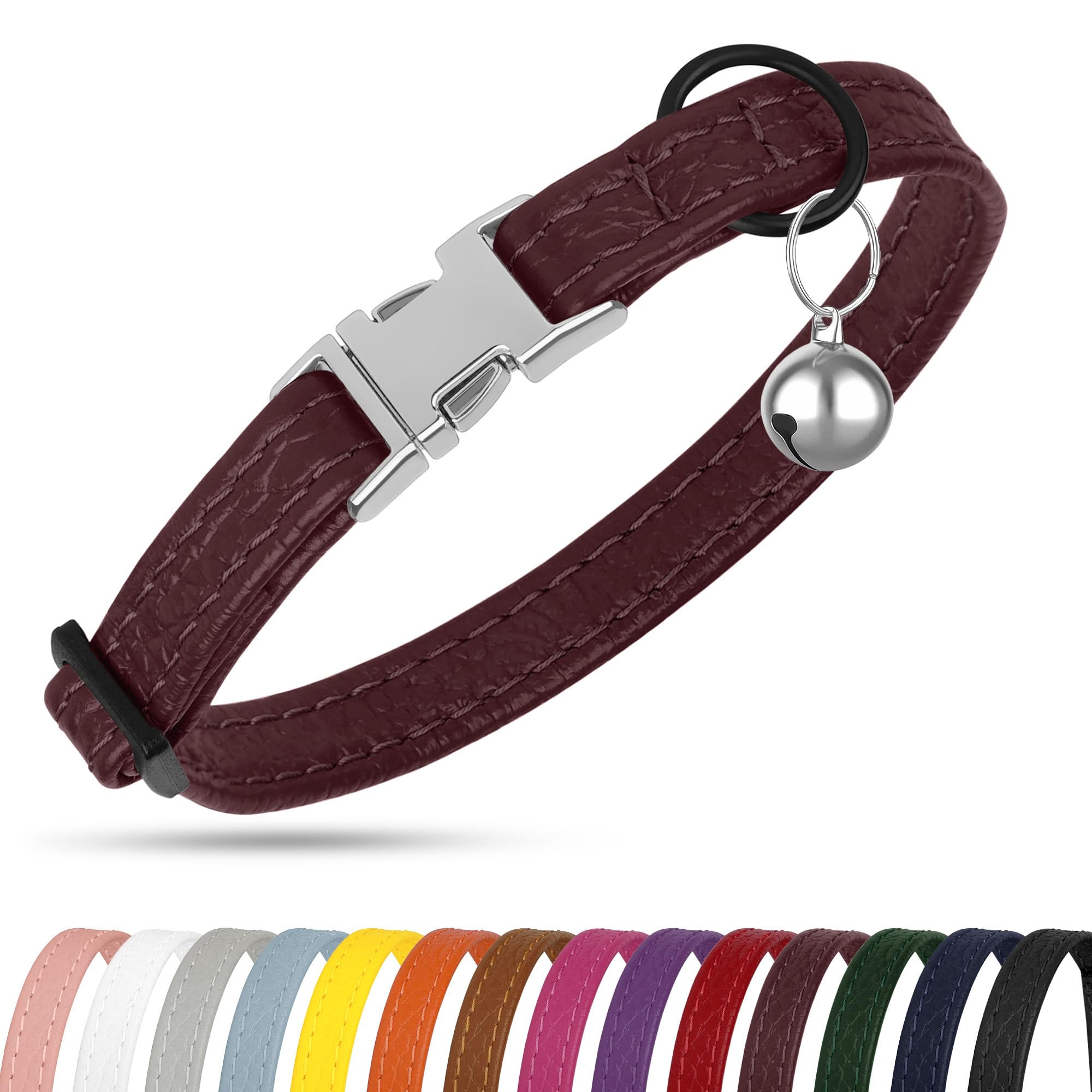 Collar de cuero para gato con hebilla y campana extraíble, no se rompe, ajustable, suave, de seguridad, para mascotas, para niñas, niños, gatos, gatitos (borgoña)
