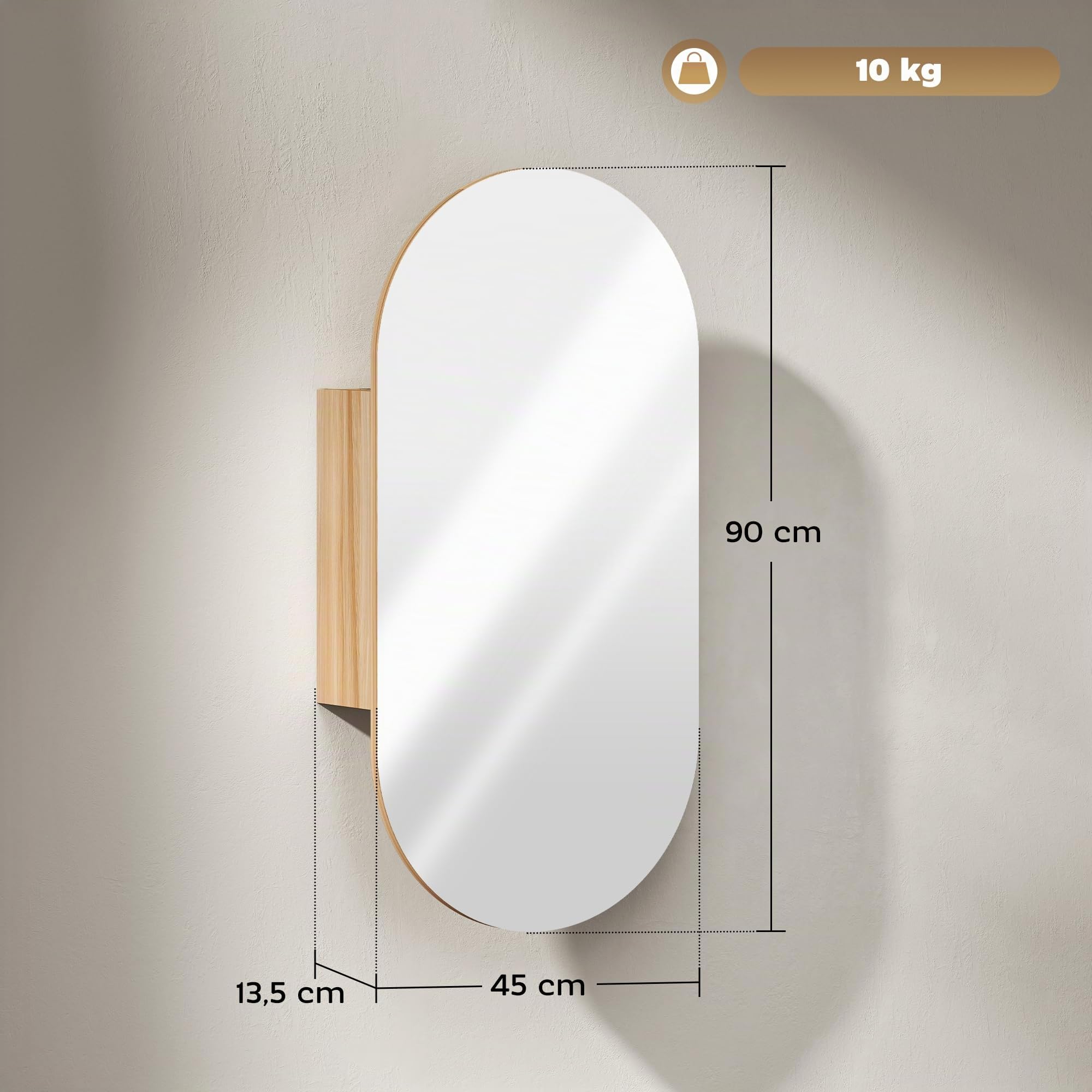HOMCOM Mobile da parete per bagno con specchio ovale, 45 x 90 cm, mobili da bagno moderni, design senza cornice, specchio con contenitore, legno naturale