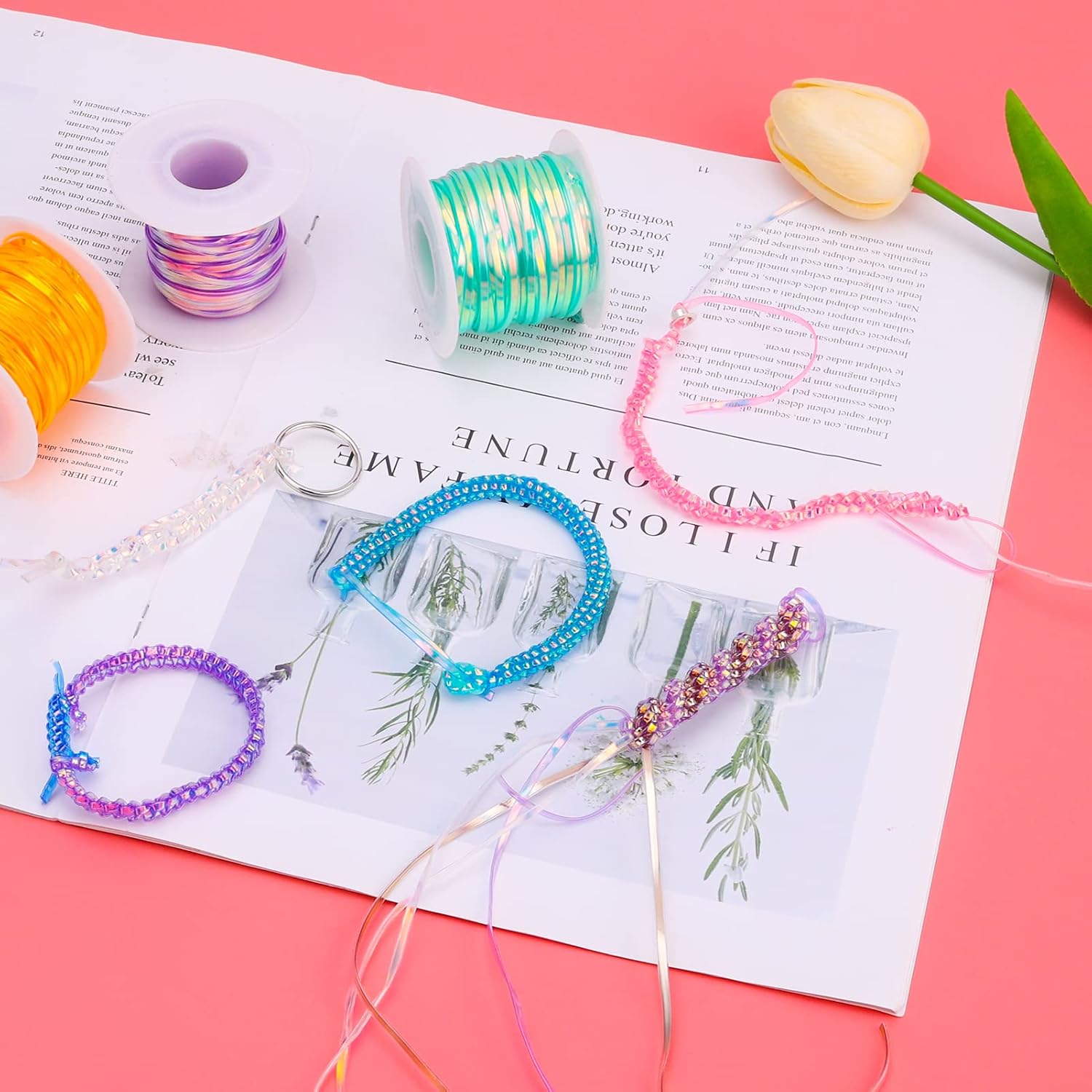 PP OPOUNT Laser Reflective Lanyard String, 12 Rolls Plastic Lacing Cord with 20 Key Chain Rings, 20 Snap Clips and 10 Lobster Clips, Gimp String Kit for DIY Bracelets, Key Chain and Lanyards