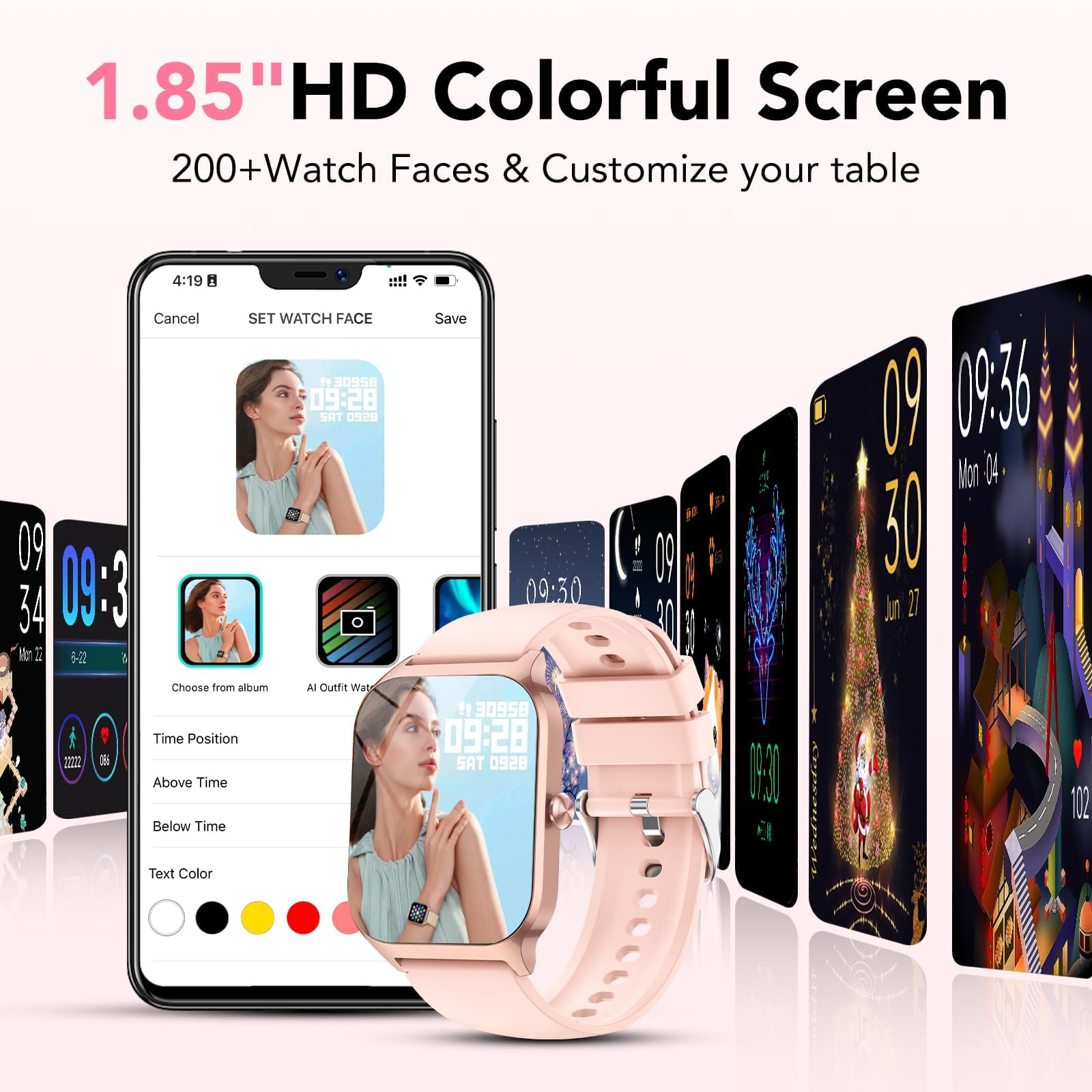 Smart Watch for Men Women, 1.85" HD Fitness Tracker with Bluetooth Calls/AI Voice Control, IP68 Waterproof, 115+Sports Modes, 24/7 Heart Rate/Sleep Fitness Watch Compatible with iOS/Android , Pink