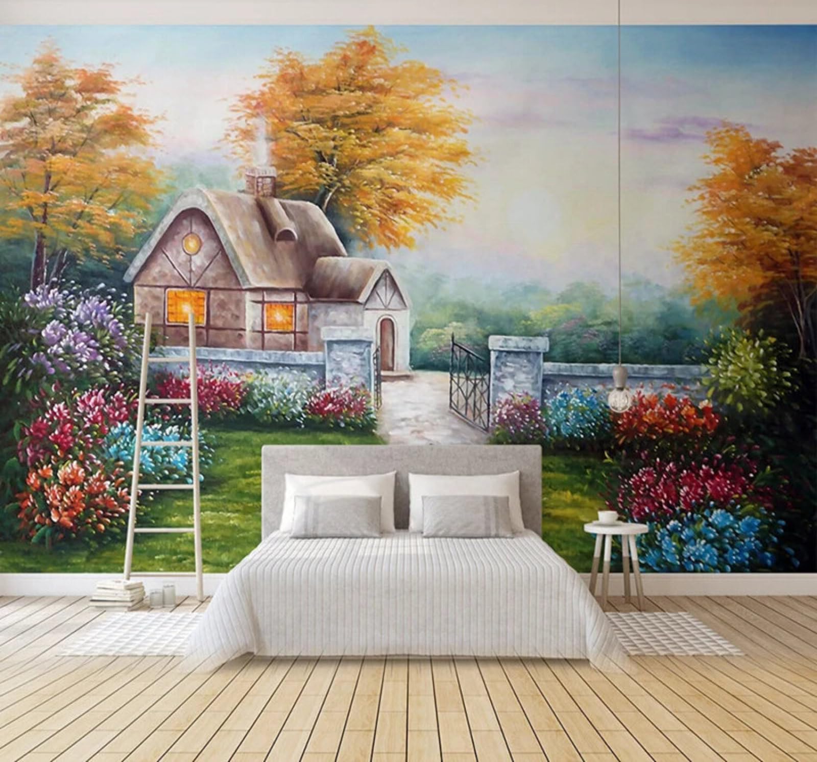 Wallpaper-3D-Xlm 250Cm×170Cm(B×H) Vintage Hand Drawn House Garden Landscape 3D Wallpaper Easy Install Feature Office Living Room Sofa Bedroom Tv Background Wall Decoration-250Cm×170Cm