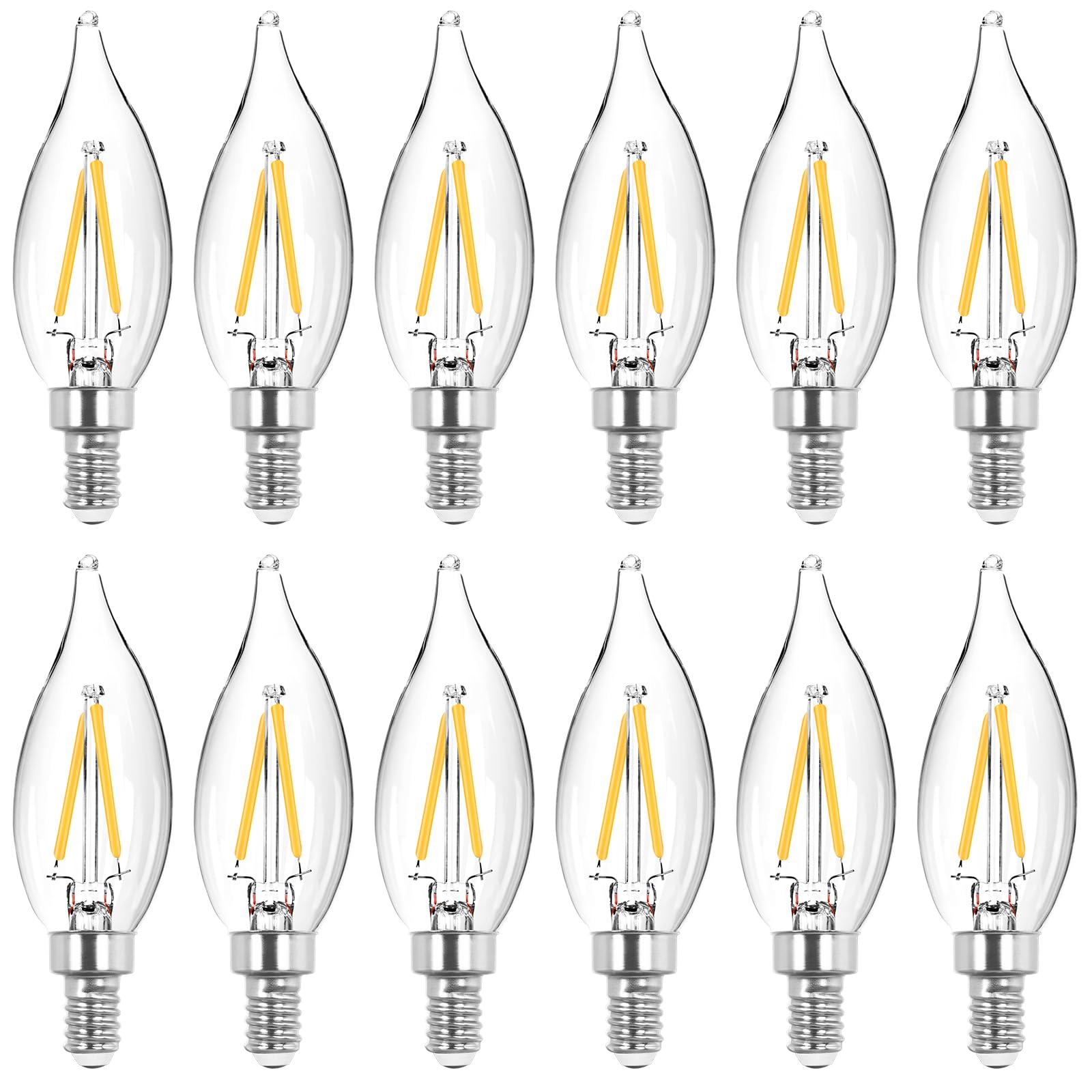 DGE 12x1.5 Watt LED Warm White Ceiling Fan Light Bulbs C32 Chandelier Light Bulbs Bright and Lasting 110 Lumen Bent Tip Light Bulb with E12 Candelabra Base, 12 Pack