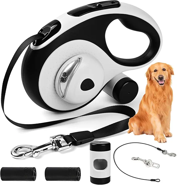 ODRIEW Heavy Duty Retractable Dog Leash for Large Dogs, 26ft Dog Leash with Poop Bag Holder, Up to 110lbs, chew Proof Cable, LED Light, 360° No-Tangle, One-Handed Pause & Locked. (White, 26ft)