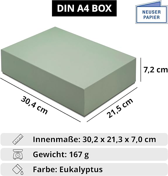 NEUSER PAPIER Geschenkbox mit Deckel DIN A4 – Aufbewahrungsbox Karton Eukalyptus-Grün bezogen – Geschenkkarton Schachtel stapelbar 302 x 213 x 70 mm, 1 Stück - 4