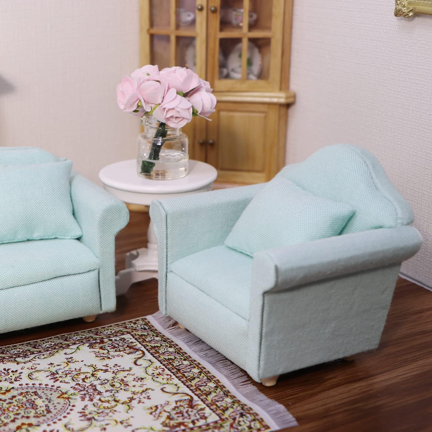 Dollhouse Couch Miniature Furniture Sofa with Pillows for Living Room Desktop Decoration Fabric Sofa Mini Home Scene Accessories Ornament (Sofa Set, Green)