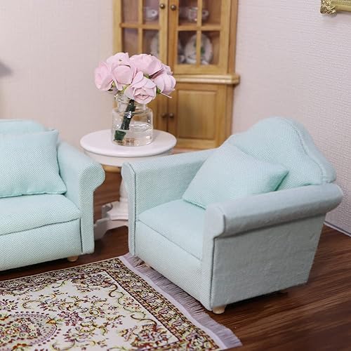 Miniatura 5 de Sofá de casa de muñecas con almohada, sofá miniatura a escala 1 y 12, muebles de sala de estar, marco de tela de madera, silla de lectura