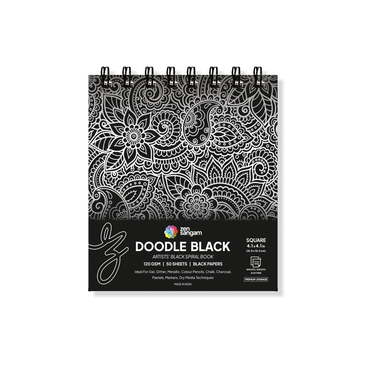 Zen Sangam Express your Mind Artists'-Square (10.5cmx10.5cm) Spiral 120 GSM Black Paper Sketchbook-Smooth Surface-50 Sheets (100 Pages)-Doodle Black Sketchbook for Glitter Pens,Metallics,Color Pencils