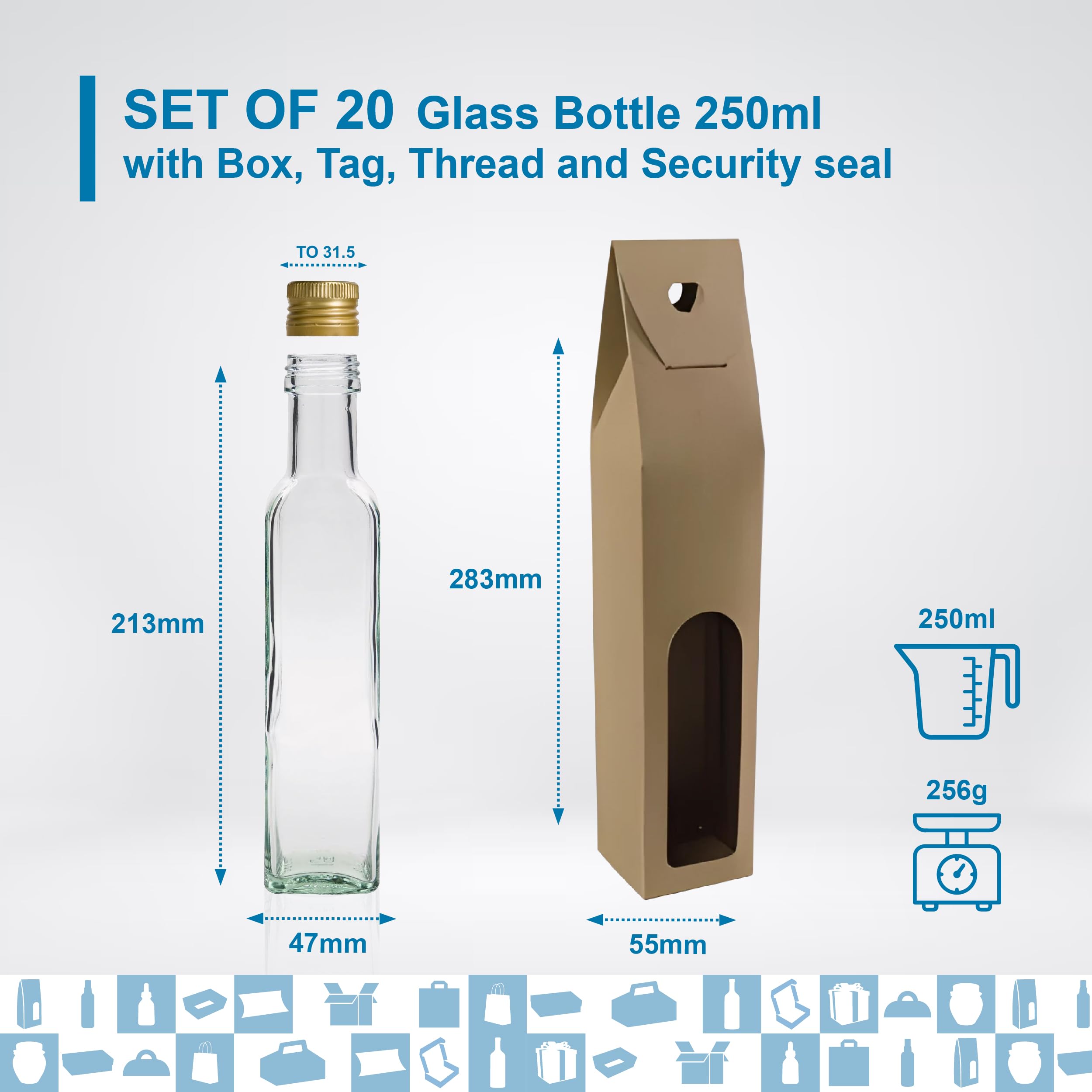 20 bottiglie in vetro da 250 ml con tappo a vite dorato con beccuccio versatore + 20 scatole + 20 sigilli + 20 etichette Kraft + spago | olio d'oliva, aceto, alcol, salse | olio di vetro