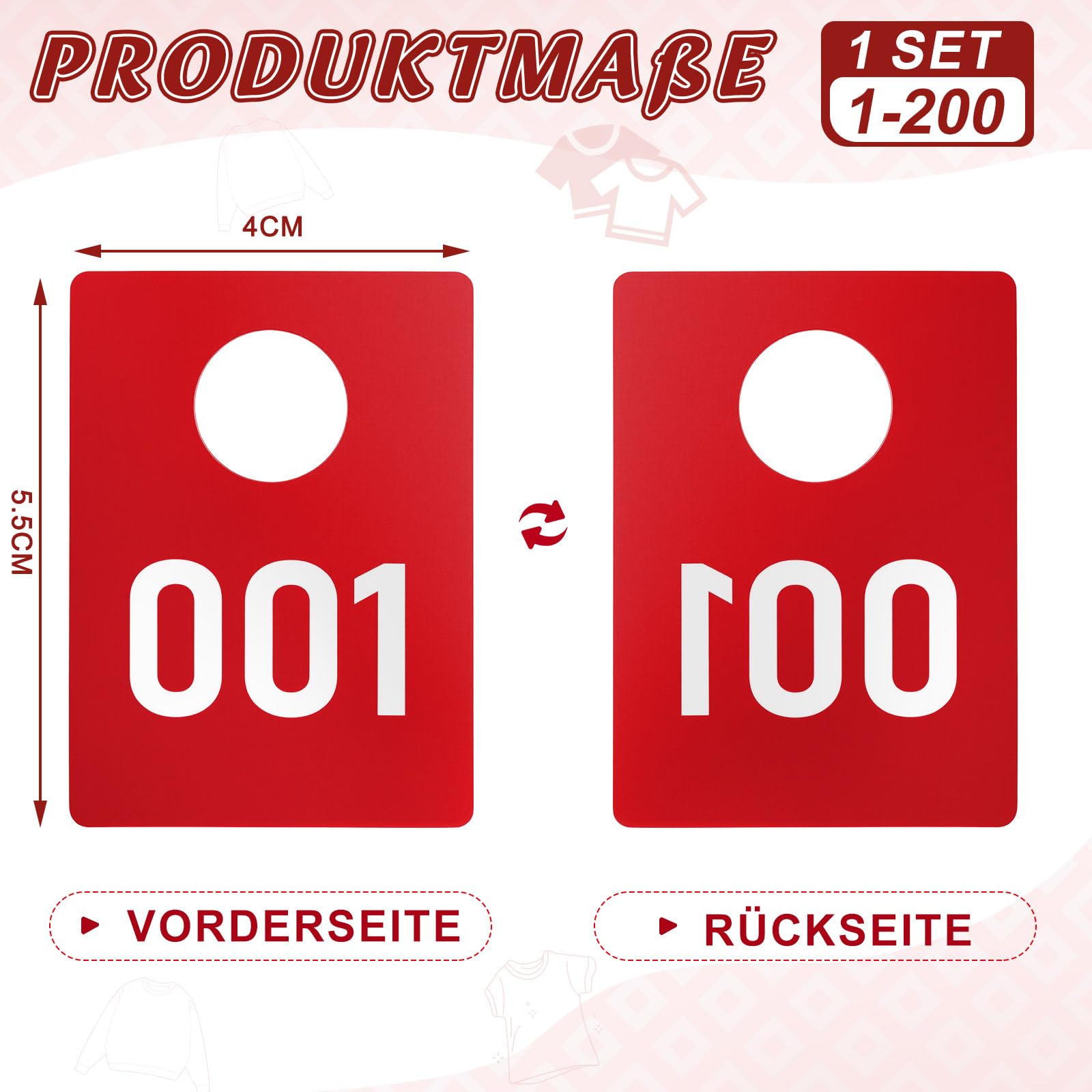 Jetec 1 Set de Tickets de Vestiaire Numérotés de 1 à 200, Jetons Numérotés en Plastique, Impression Recto Verso avec Motifs Normaux et en Miroir, Billets de Tombola pour Événements en Direct (Rouge)