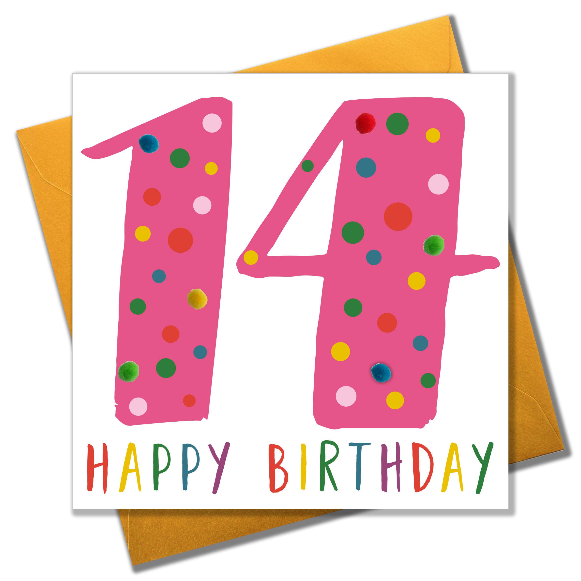 Claire Giles POM114P Age 14 Greeting Card Embellished with Pompoms - Pink