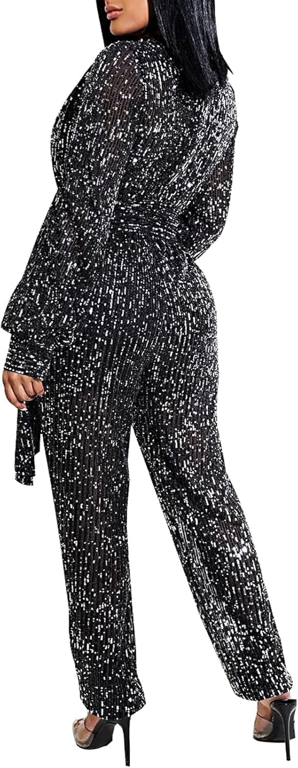 Women Sparkly Dressy Jumpsuit Deep V Neck Long Sleeve Clubwear Plus Size Wide Leg Long Pants Rompers - Image 3