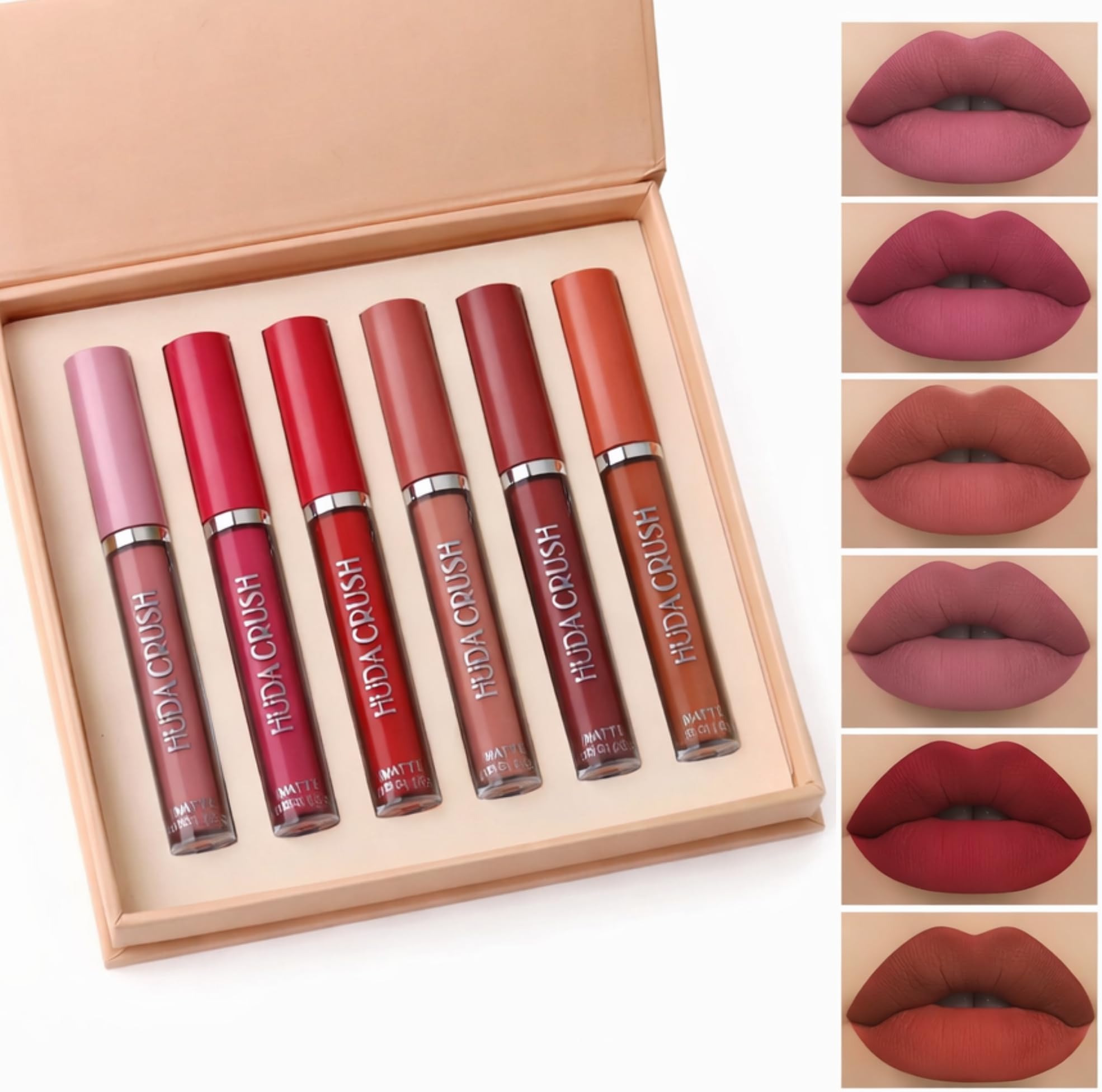 HUDACRUSH HUDA CRUSH 6-Piece Liquid Matte Nude Lipstick Set - Velvet Waterproof Mini Lipsticks for Women, Non-Stick Formula