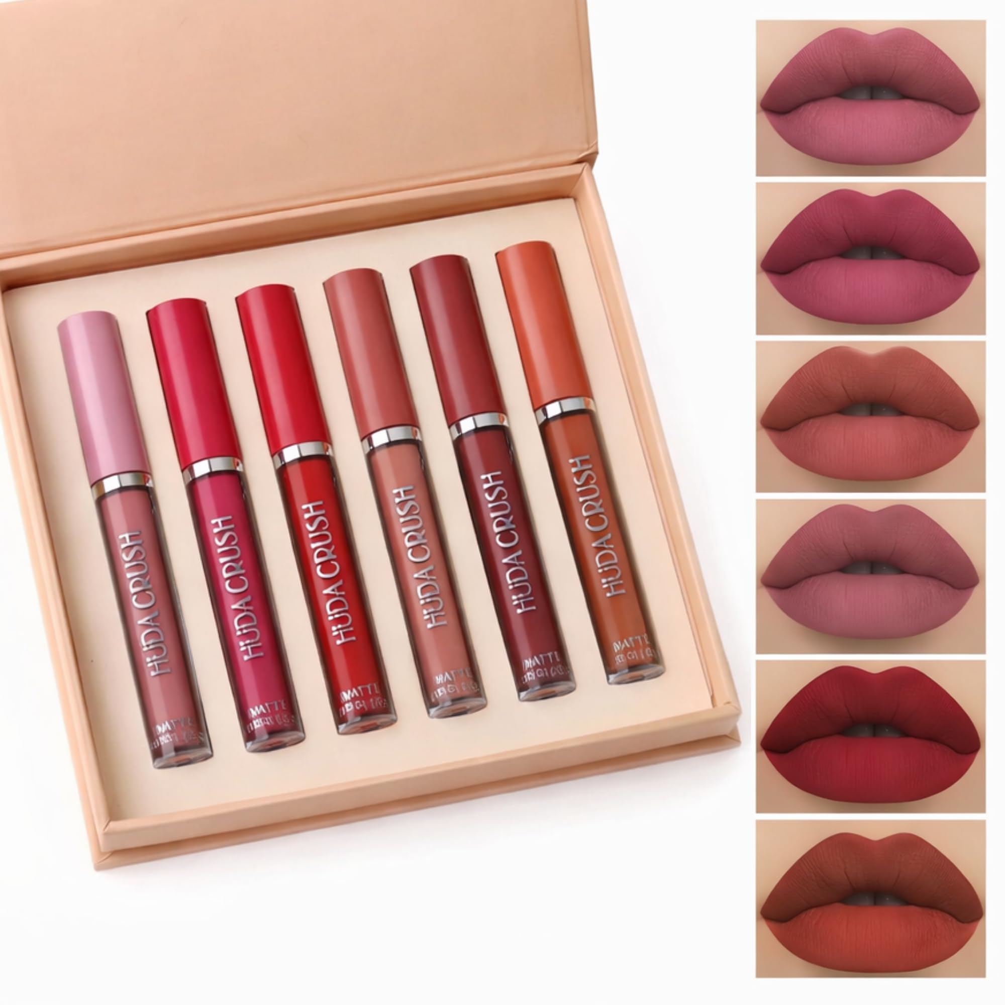 HUDA CRUSH 6-Piece Liquid Matte Nude Lipstick Set - Velvet Waterproof Mini Lipsticks for Women, Non-Stick Formula