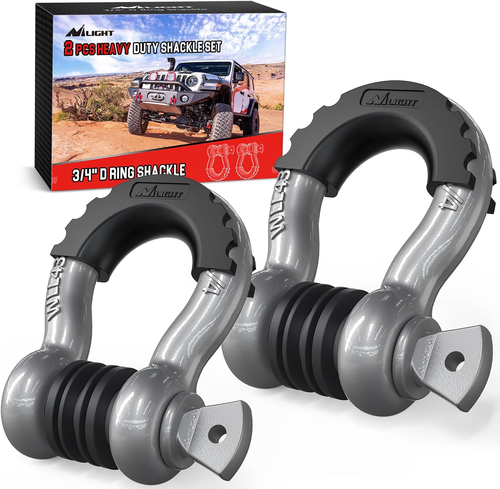 Nilight 2 Pack 3/4" D-Ring Shackle with 7/8" Screw Pin 41,887lbs Break Strength, Heavy Duty Off Road Recovery Shackle with Isolators Washers for Use with Tow Strap, Winch, Off-Road Jeep Truck Vehicle