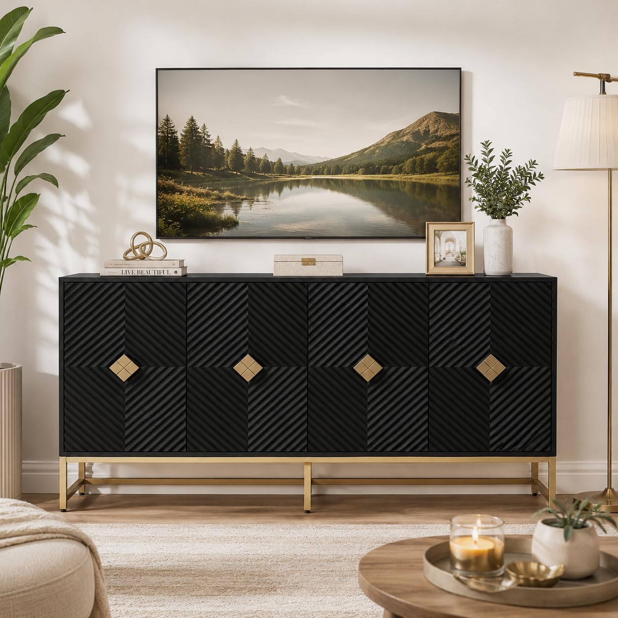 59" Black Symmetry Carved TV Stand Media Console with Gold Base, 4-Door Push-to-Open Storage Cabinet with Decorative Gold Rhombus Accents, Buffet Sideboard for Living Room