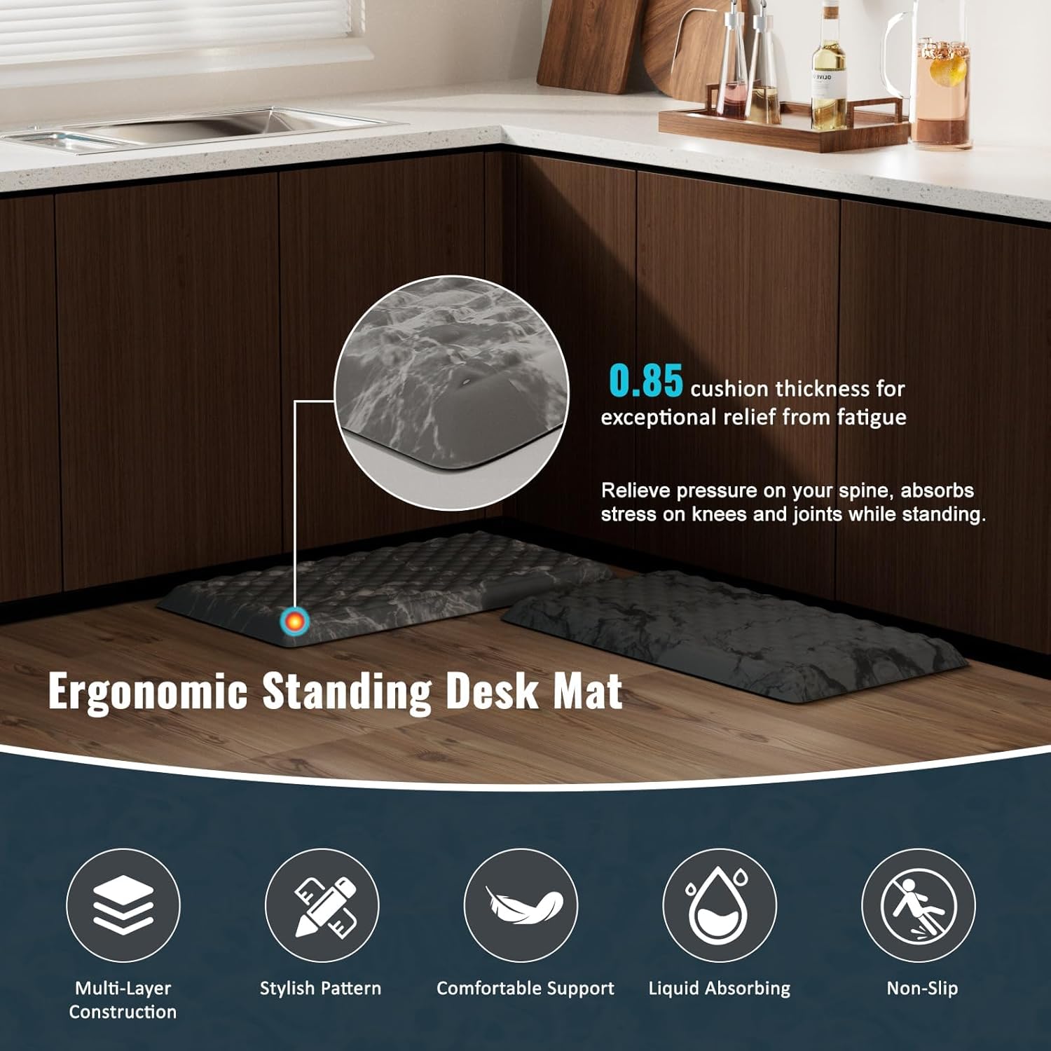 5/6 Inch Thick Water Absorbing Comfort Mat, Anti-Fatigue Floor Mat, Standing Desk Mat, for Kitchen Home Ofiice & Bathroom - Durable Foam, Cushioned Non-Slip (19" x 32", White Marble Pattern)