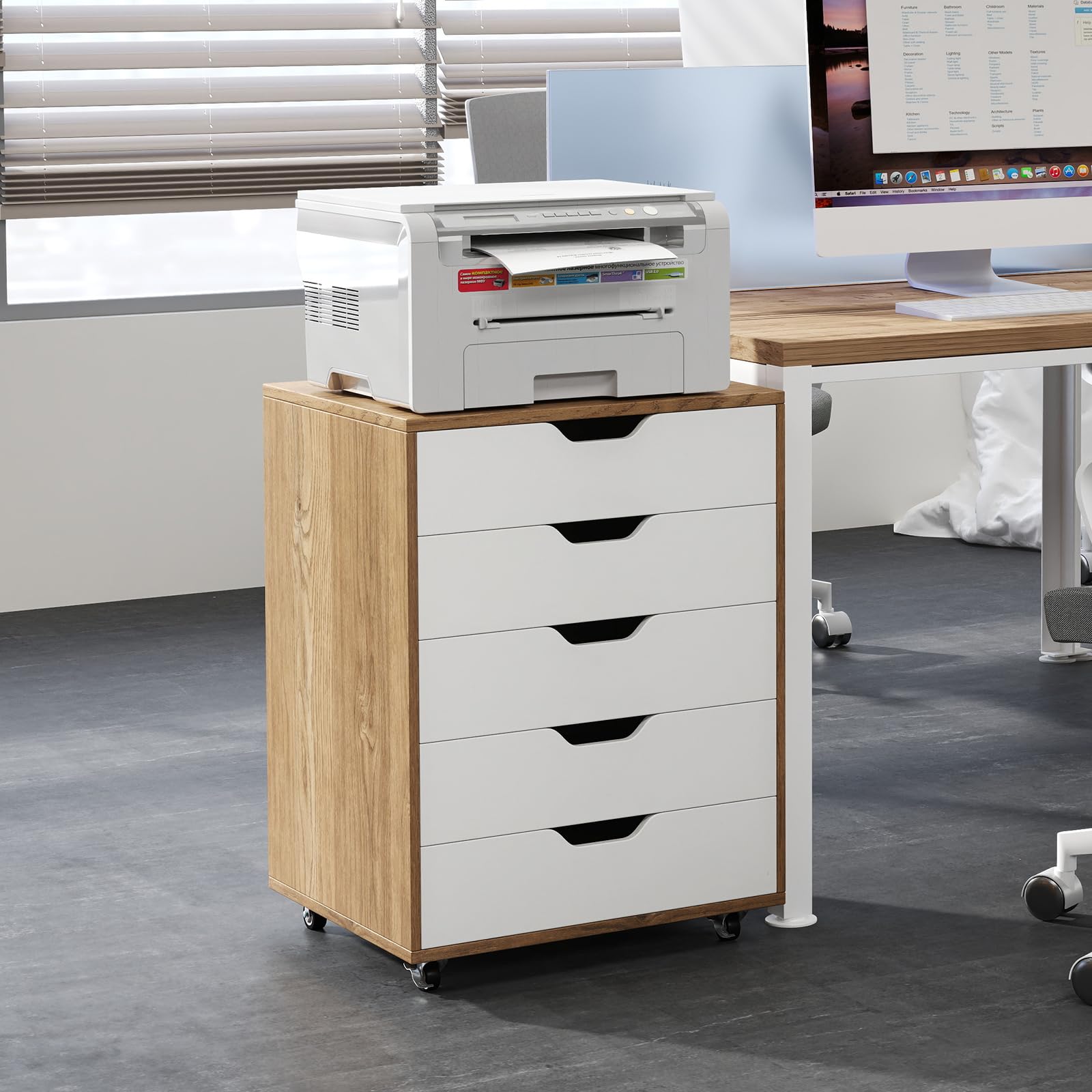 GOPLUS Caisson Bureau avec 5 Tiroirs à Roulettes en Bois, 49x40x65CM, Meuble Rangement Bureau Mobile avec Support Imprimante, Rangement à 5 Niveaux pour A4, Document, Format, Lettre, Idéal pour Maison