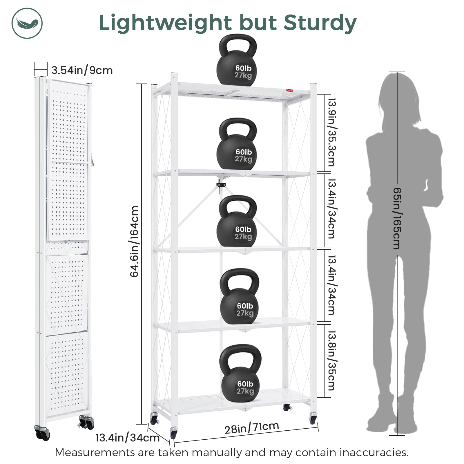 DEANIC Opvouwbaar Opbergrek - 5 Etages - Metaal Met Wieltjes - 71x164x28 Cm - Wit - Voor Keuken, Garage Of Woonkamer