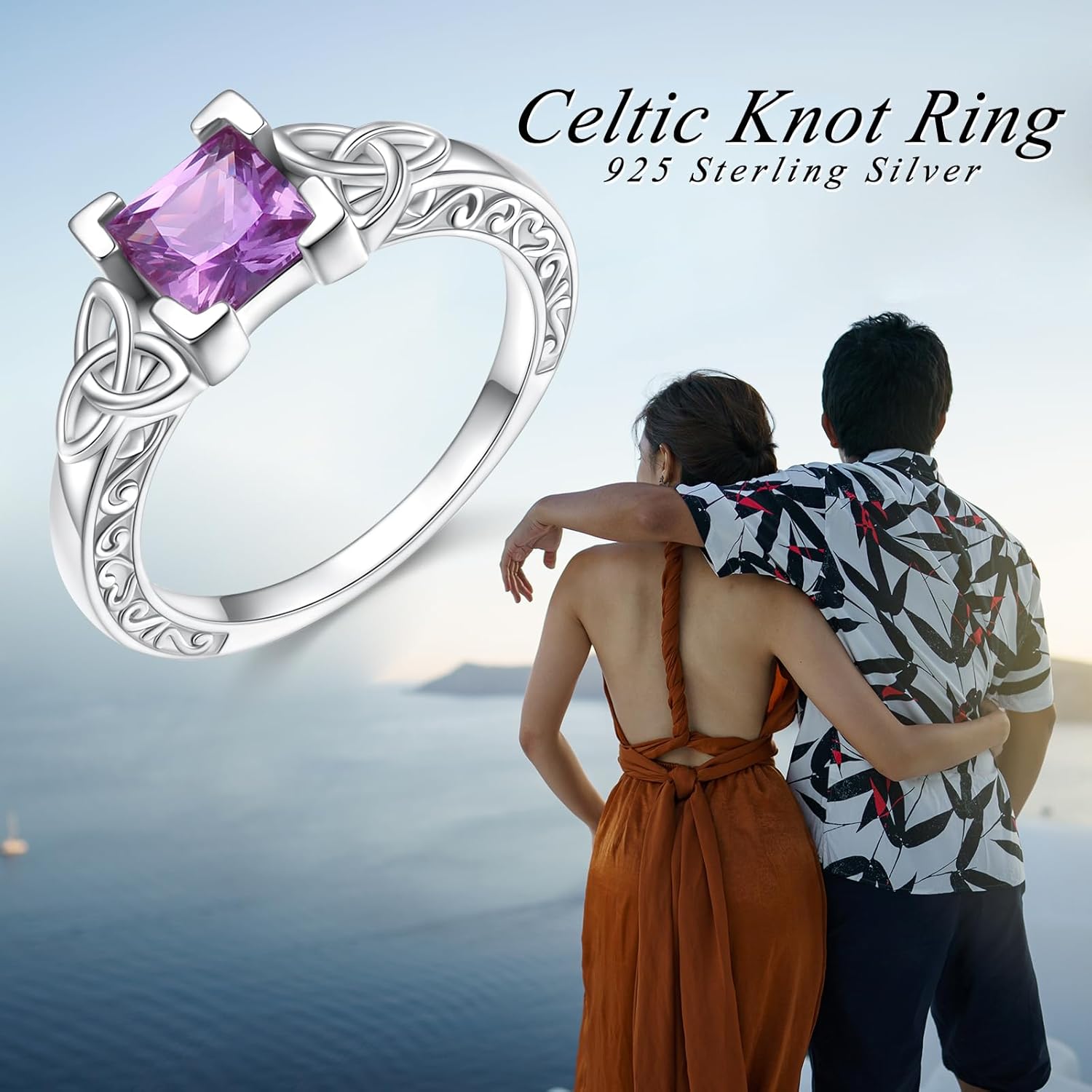 925 Sterling Sliver Vintage Celtic Knot Princess Cut Ring Alexandrite Solitaire Engagement Rings for Women Christmas Gift for Women