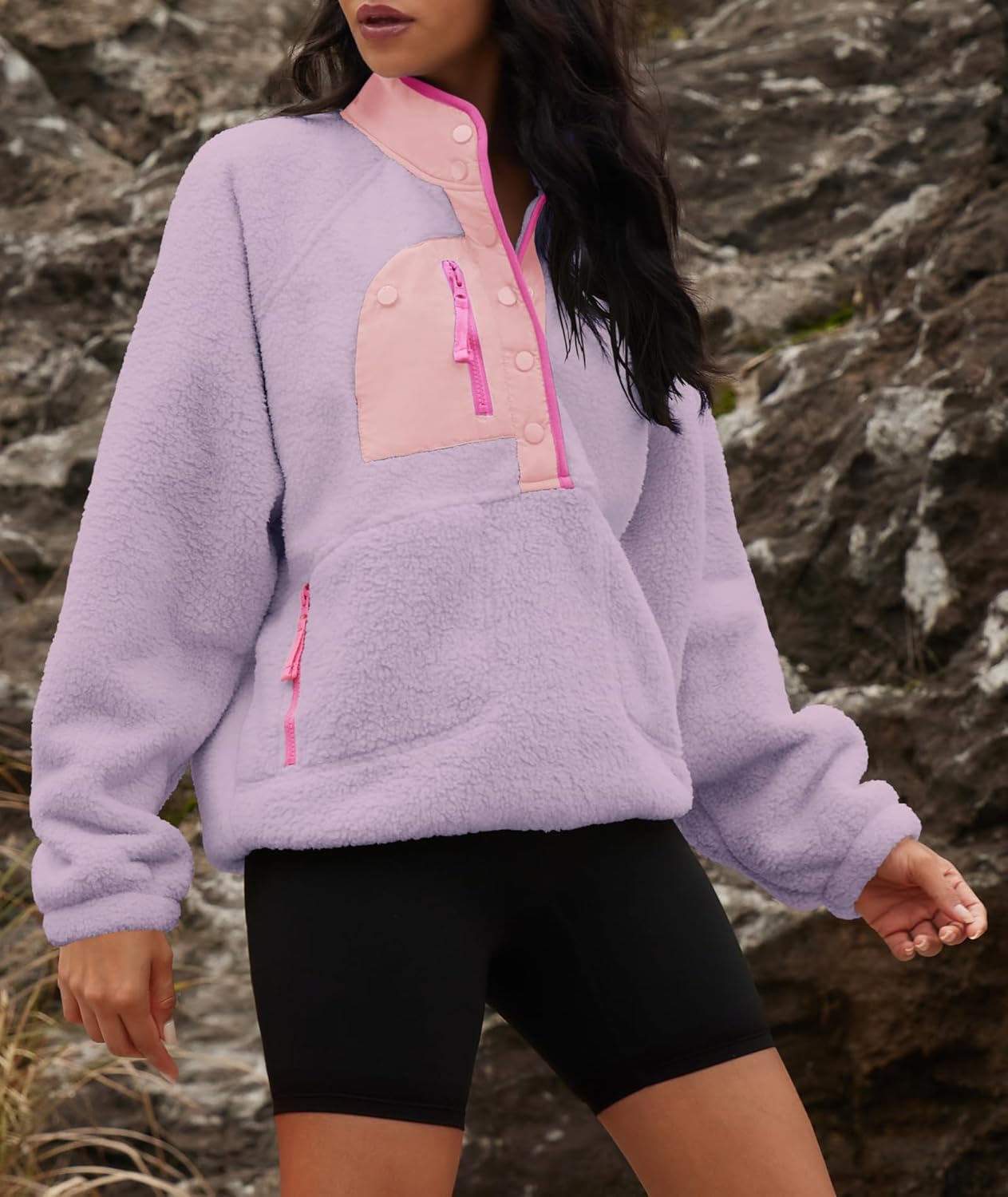 Yanekop Womens Fuzzy Fleece Pullover Sherpa Sweatshirt Long Sleeve Button Down Sweater Winter Fleece Jacket with Pockets - Image 4