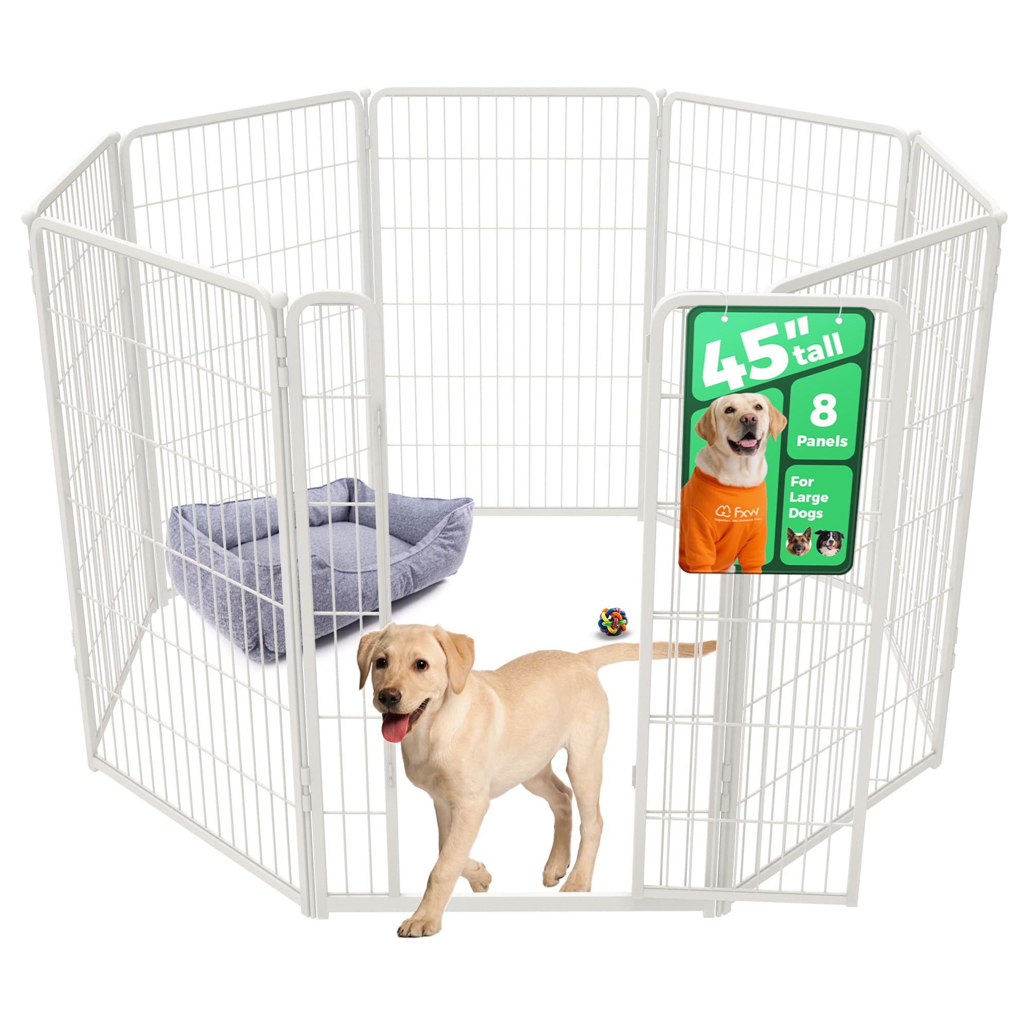 FXW Homeplus Unleashed Indoor Dog Playpen - Stress-Free and Safe Play, Heavy Duty 45 Inch 8 Panels Dog Pen for Large Dogs, White│Patented