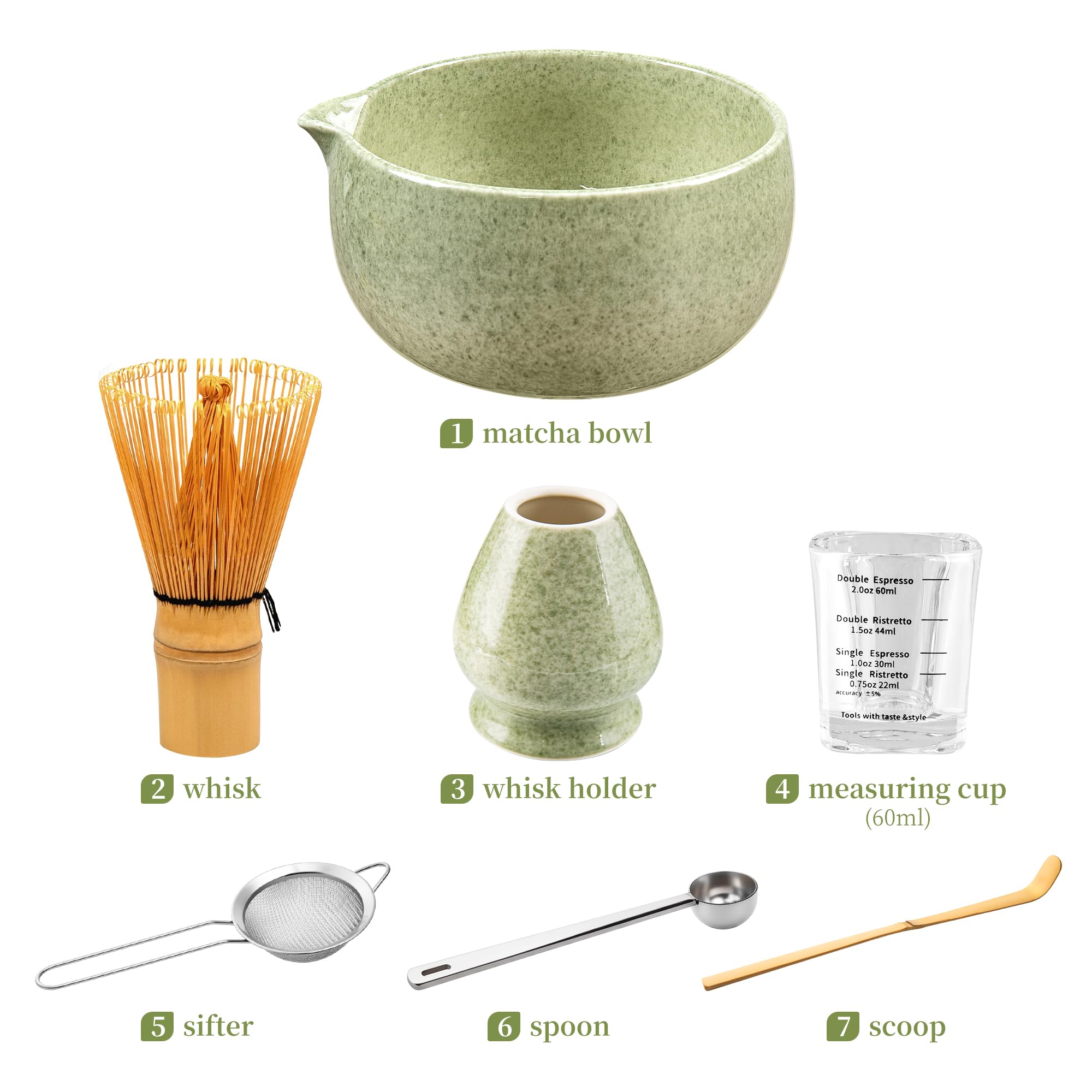 YIBO Matcha Whisk Set With Bowl, Ceramic Matcha Making Kit Includes Bamboo Whisk (Chasen), Holder Stand, Powder Starter Sifter, Scoop, Measuring Spoon & Cup Tea Tools For Ceremony (Mottled Green)