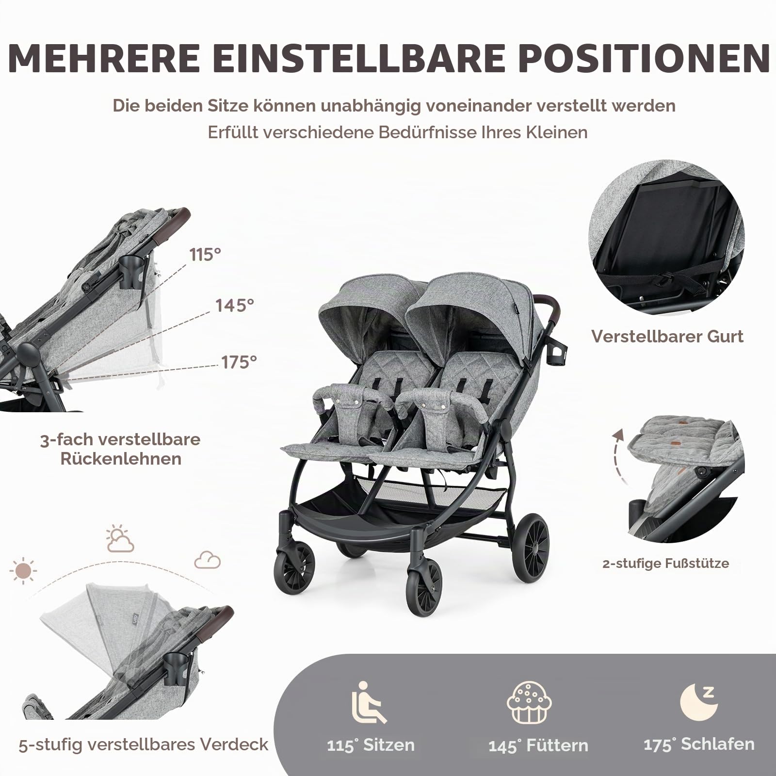 LIFEZEAL Doppelkinderwagen nebeneinander, faltbarer Zwillingsbuggy mit Korb, Rückenlehne 3 Positionen, Belastung 15+15 kg, Hellgrau