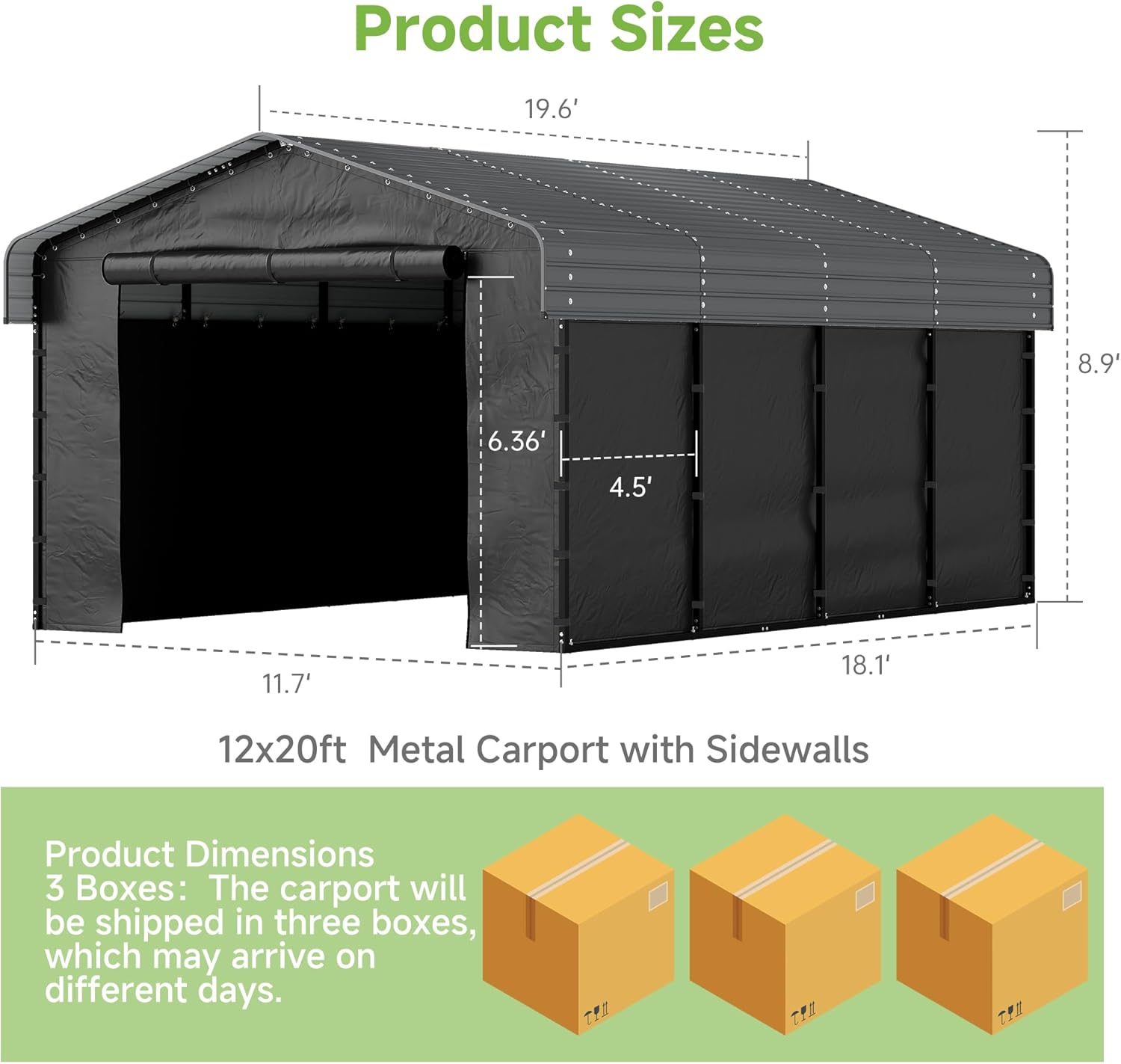 Diagram showing the dimensions of the 12x20ft metal carport and three shipping boxes.