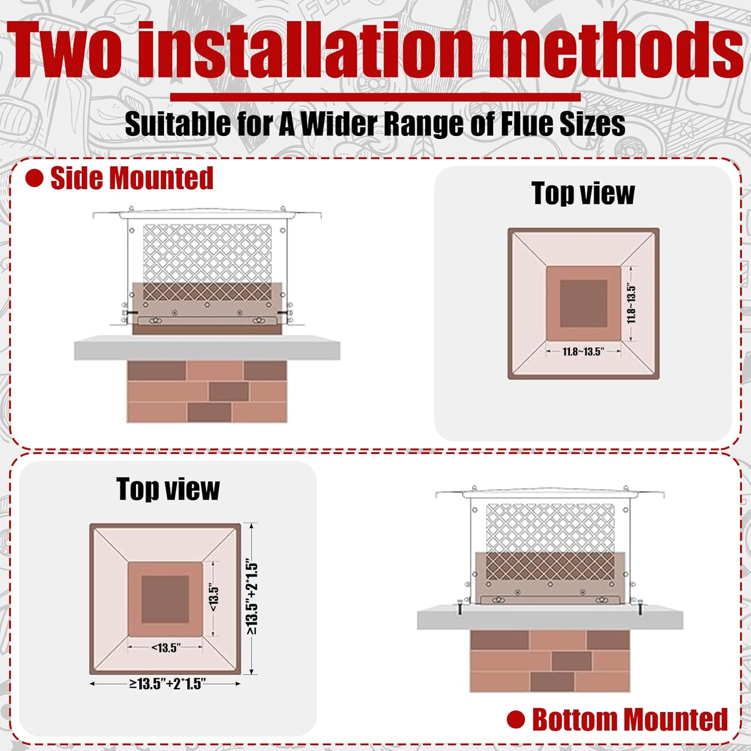 14" L x 14" W Chimney Cap Adjustable Chimney Cover Windproof Rainproof Fireplace Chimney Caps for Outside Suitable for Existing Clay Flue Tile Galvanized Steel Black