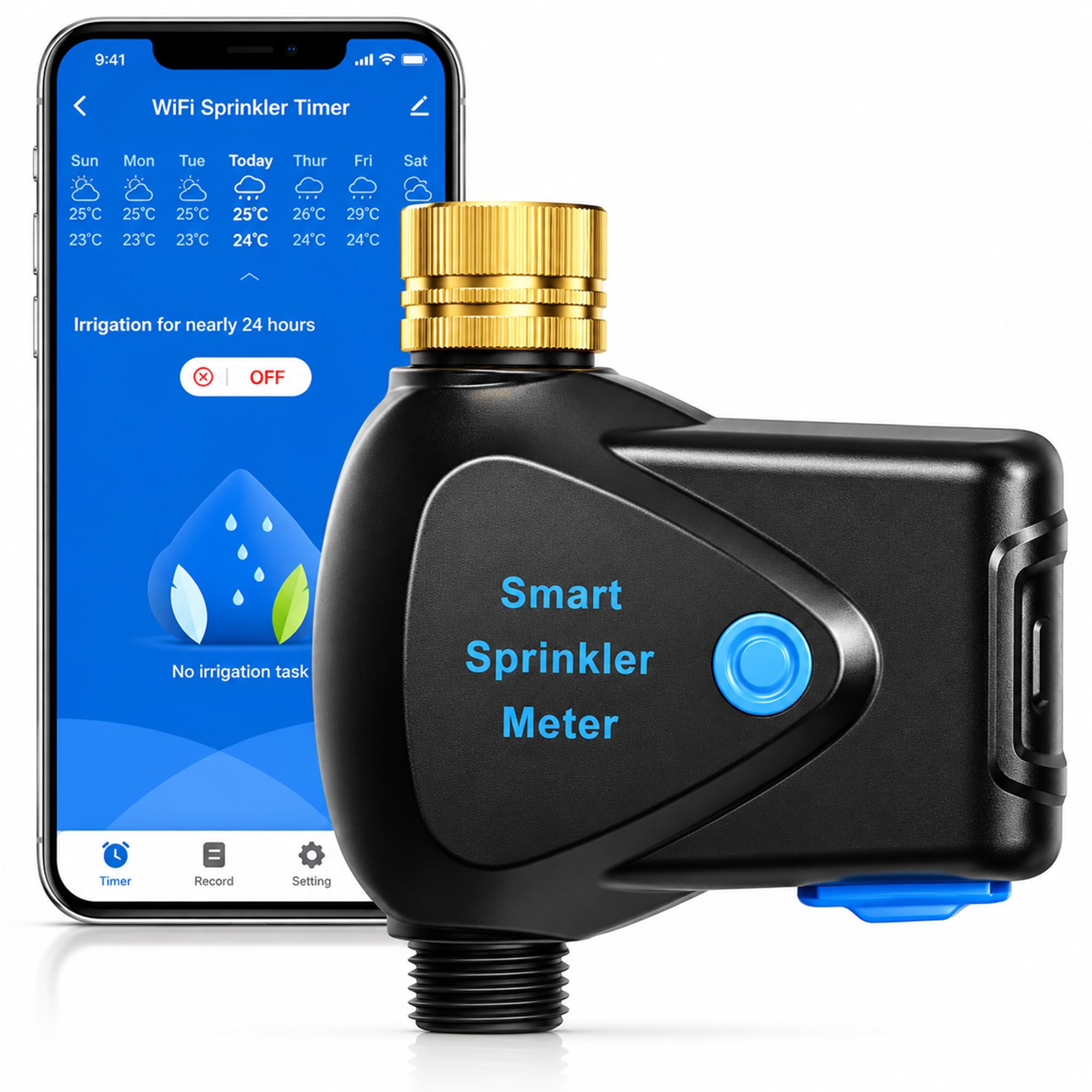 WiFi Bewässerungstimer mit Wasserzähler, Smarter Sprinkler-Timer für Garten und Rasen, App- und Alexa-Steuerung, Regenverzögerung, IP65 Wasserdicht, 3/4 Zoll Messinganschluss