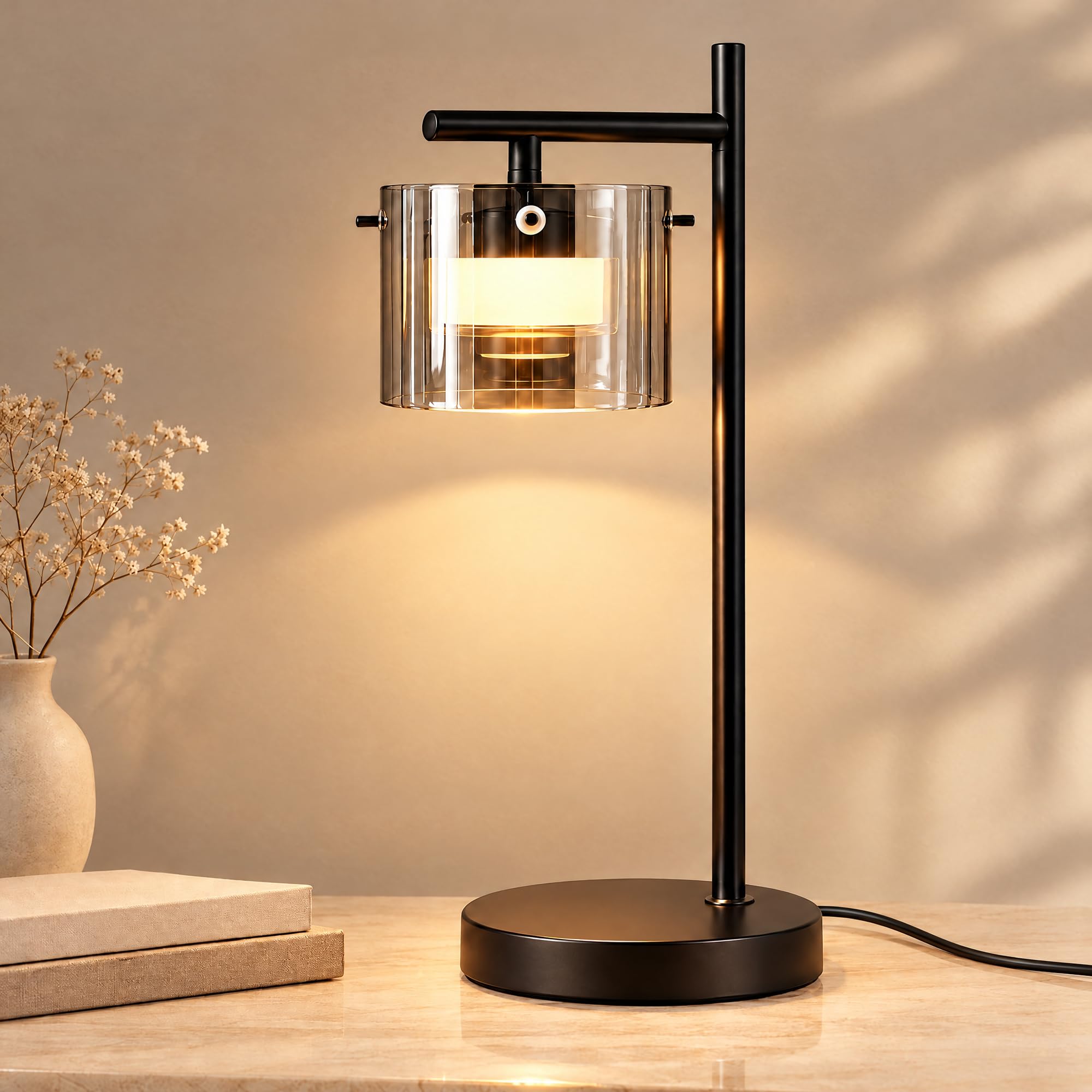 Lampada da Tavolo LED con Cavo Comodino Vetro Fumé Vintage