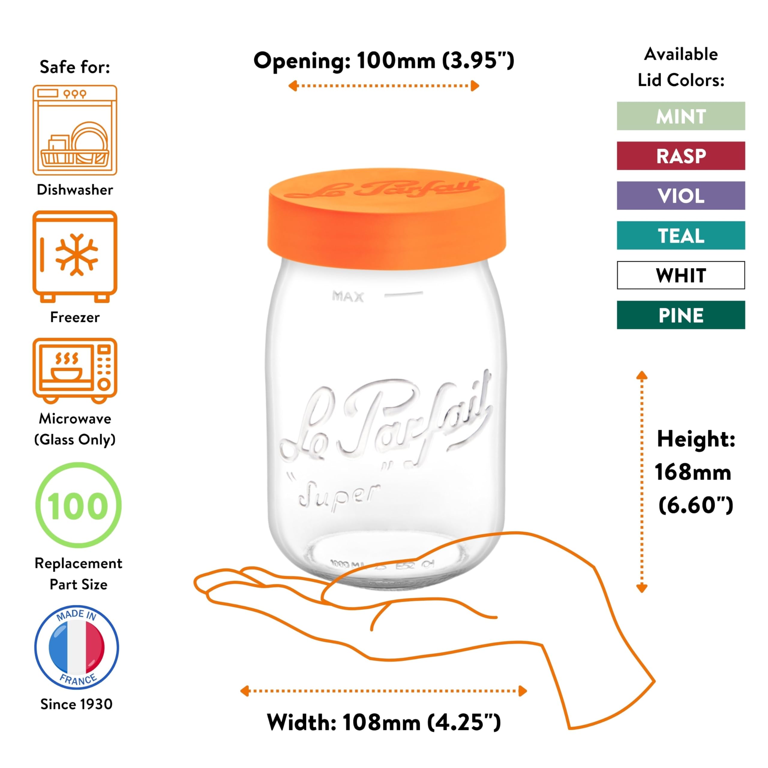 Le Parfait Französisches Glas mit Schraubverschluss, ideal für die Aufbewahrung von Lebensmitteln und Suppen, Konserven, Mehl, braunen Zucker und anderen Backutensilien (1 l, 4 Stück, Blaugrün)