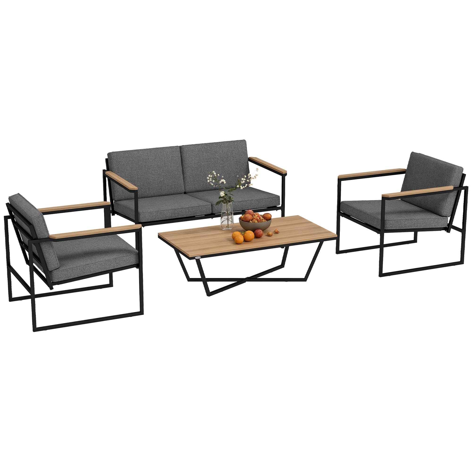 Outsunny Gartenmöbel Set Wetterfest für 4 Personen, 2er Sofa, Balkon Grau | 2 Stühle, Sitzkissen, Beistelltisch, Balkonmöbel-Set, Outdoor Sitzgruppe, Terrassenmöbel, Gartengarnitur, Garten, Terrasse
