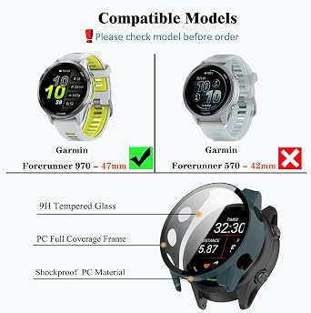 4枚パック 強化ガラス付きスクリーンプロテクターケース Garmin Forerunner 970スマートウォッチ対応 ハードPCケース スクリーンプロテクターカバー バンパーアクセサリー レディース メンズ
