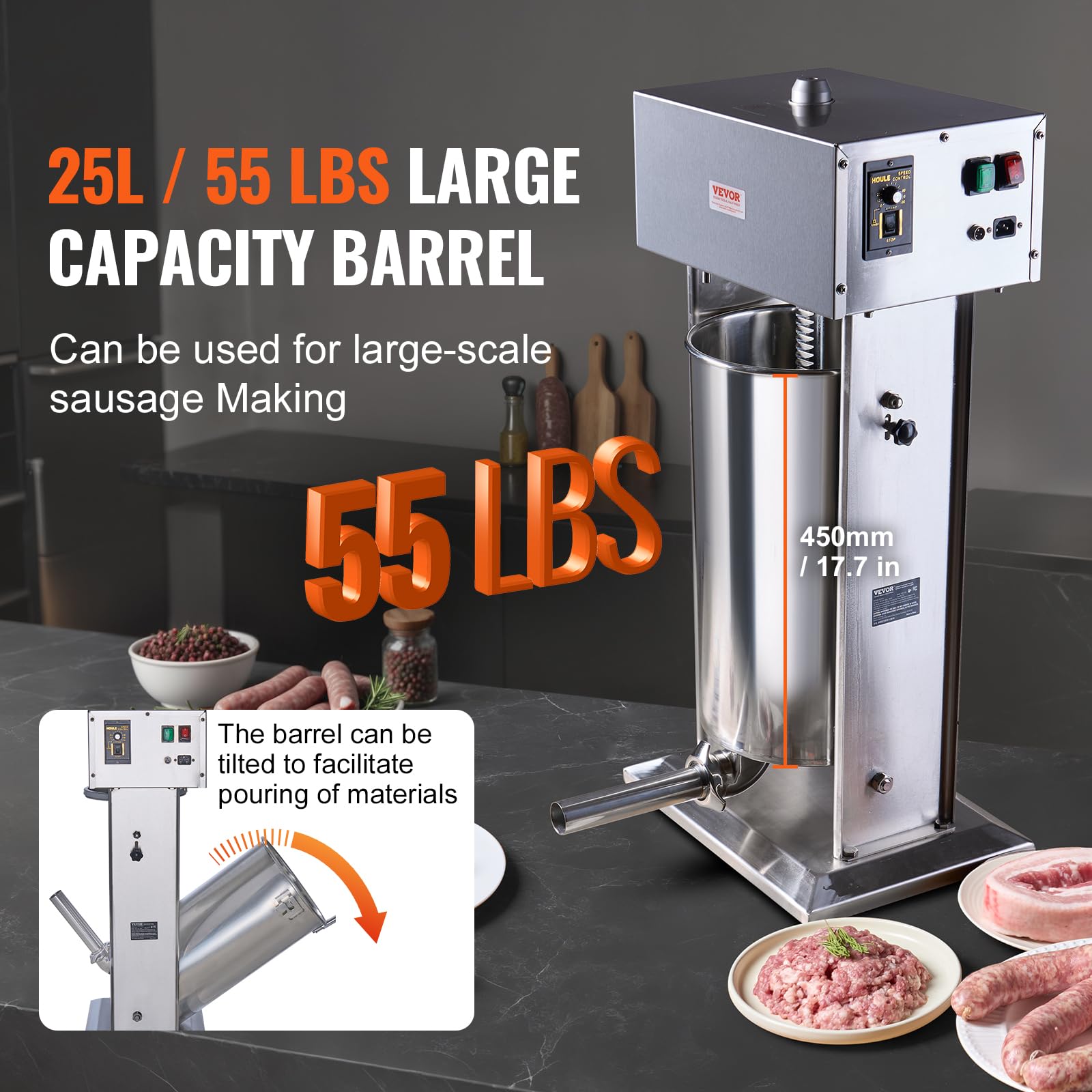 VEVOR Embutidora Eléctrica de Salchichas Vertical de 25 L, Motor de 400 W, Control de Velocidad Continuo y Pedal, Fabricada en Acero Inoxidable 304 Apto para Uso Alimentario, 460 x 420 x 930 mm