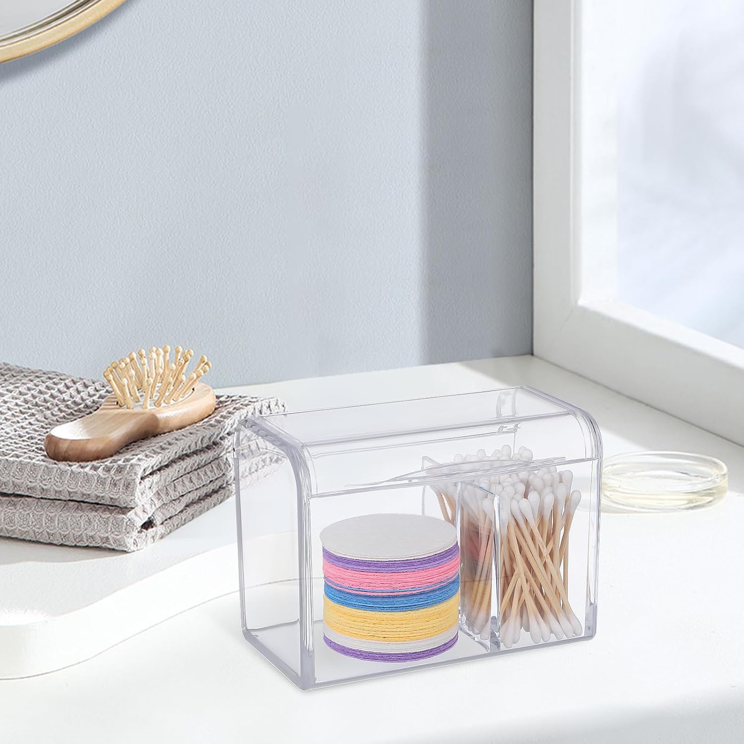 Alipis Acrylic Cotton Swab Holder with Flip-Top Lid Clear Double-Compartment Storage Barrel 5.62X4.13X3.14In for Bathroom Organization and Cotton Pad Dispenser