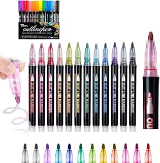 Neattidyly/Illuminateupon Marker Pen for Highlight, Outline Metallic Markers Pen for Highlight, Double Line Quick Dry Outline Markers Metallic Glitter Pens, 8/12 Colors, for Drawing (12 colors)