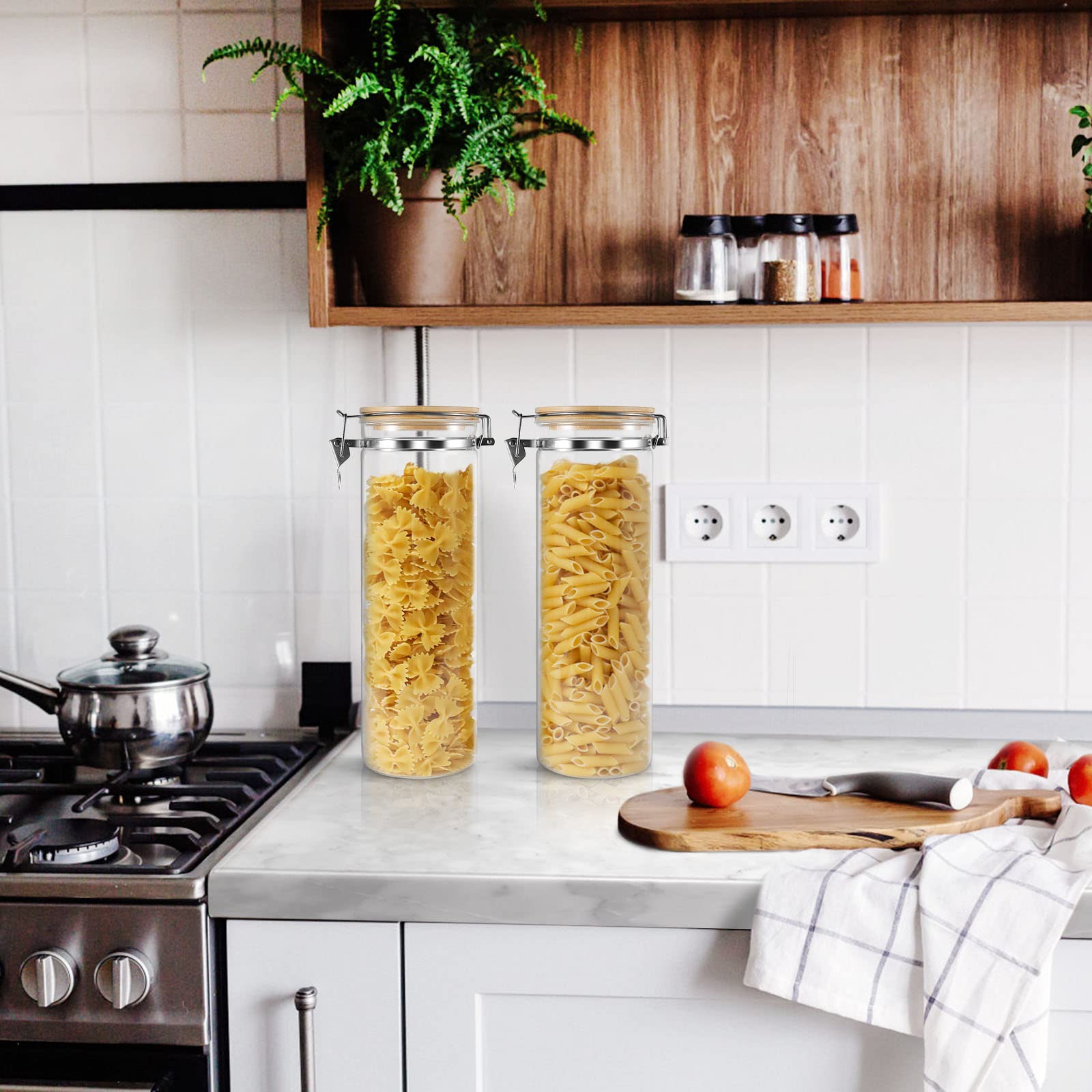 Contenedor de almacenamiento de pasta espaguetis de vidrio con tapas de bambú, 2200 ml x 2 (juego de 2)