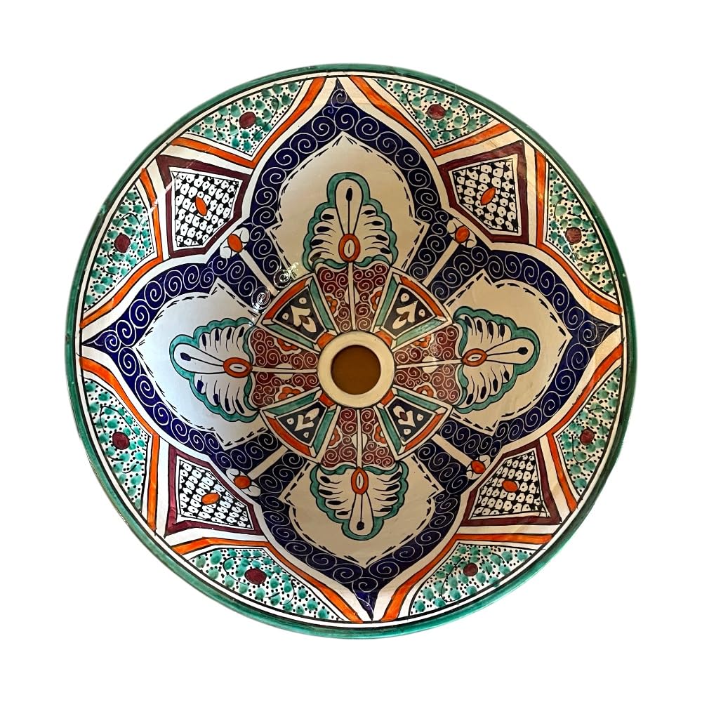Lavabo Marocchino in Ceramica Dipinta a Mano, 40 cm, Motivo Floreale Blu e Verde, Fes Artigianale
