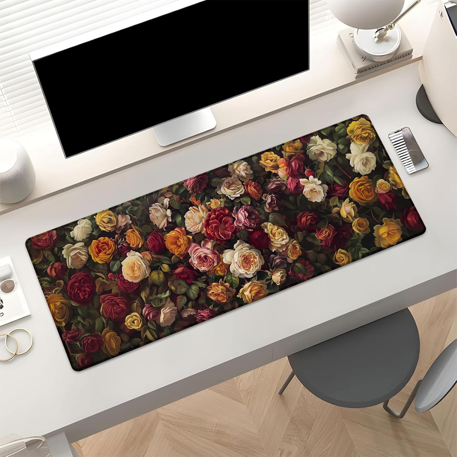 Vintage Rose Gaming Mouse Pad, Elegant Colorful Floral Garden Large Desk Mat for Computer, Extended Keyboard Laptop Mouse Pads 31.5×11.8in, Non Slip Rubber Mousepad for Office Decor image 2