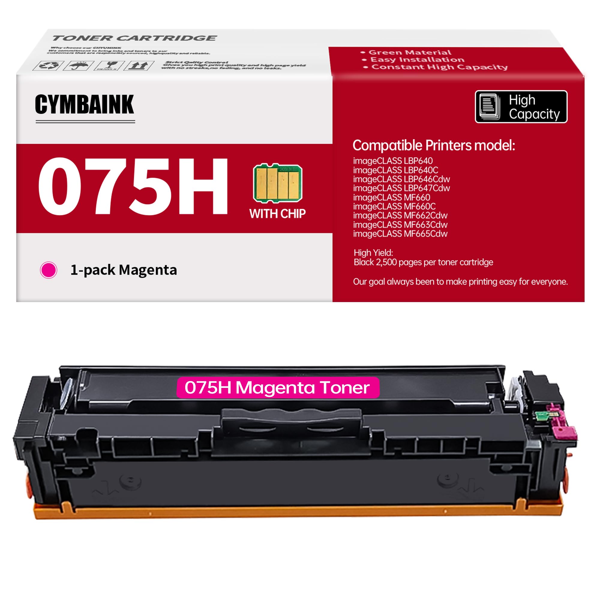 Magenta 075H 075 MF660 LBP640 Replacement for Canon 075 075H Toner Cartridge Compatible with Canon Color imageclass MF665Cdw, MF663Cdw, MF662Cdw, LPB647Cdw, LBP646Cdw Printer（Magenta）