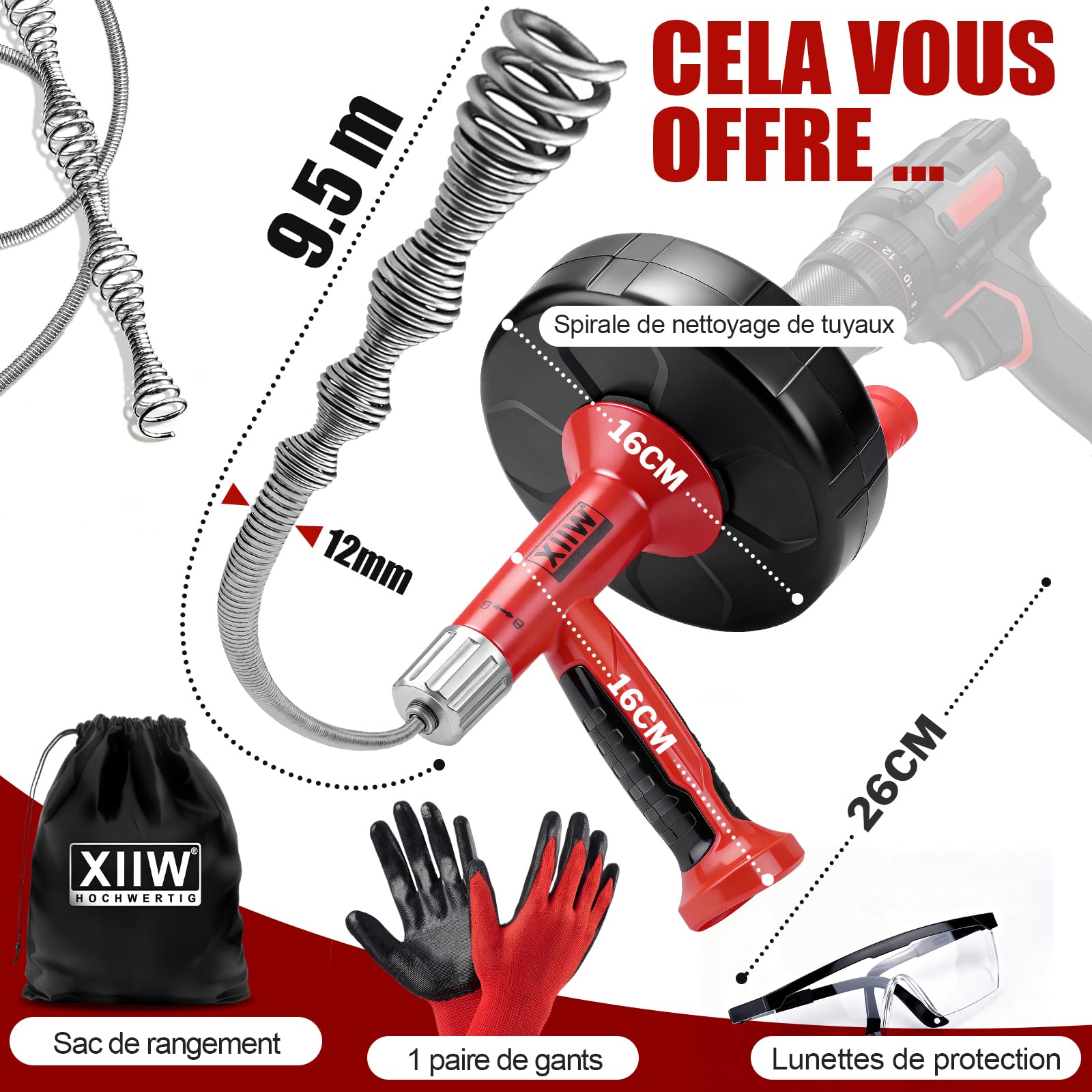 XIIW Furet Deboucheur Canalisation 2 en 1 Manuel & Sur Perceuse[Adaptateur inclus] - 9,5m Flexible Spirale Nettoyeur pour Canalisations – Facile à utiliser – Outil Plomberie pour Évier Douche Lavabo | Déboucheur de canalisations en spirale écologique pour
