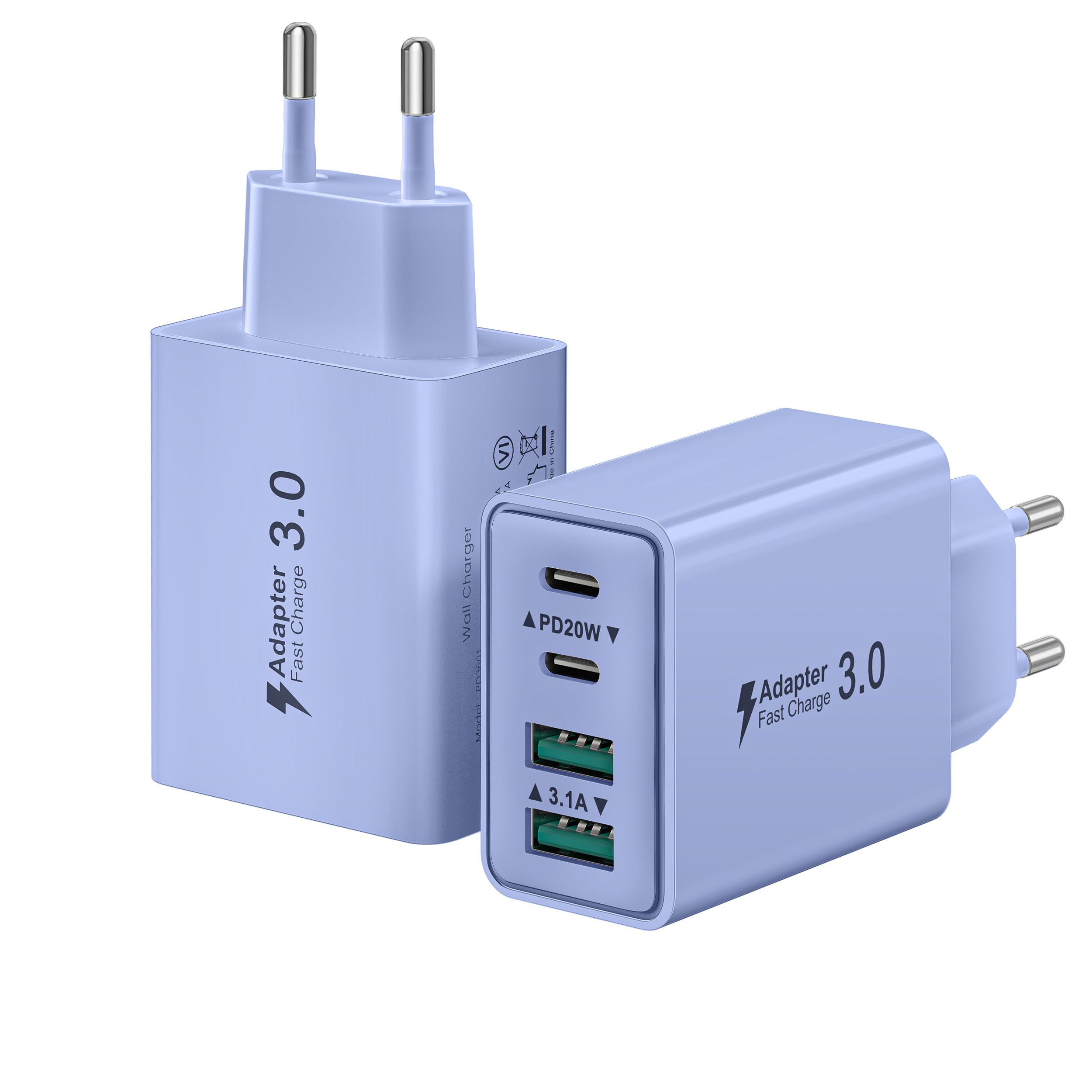2-Pack USB C Stecker, 40W 4-Ports USB C Ladegerät Mehrfach Netzteil USBC Fast Charger PD Power Adapter Ladestecker Schnellladegerät für iPhone 17 16 15 14 13 12 11 Pro Max Plus, iPad, Samsung