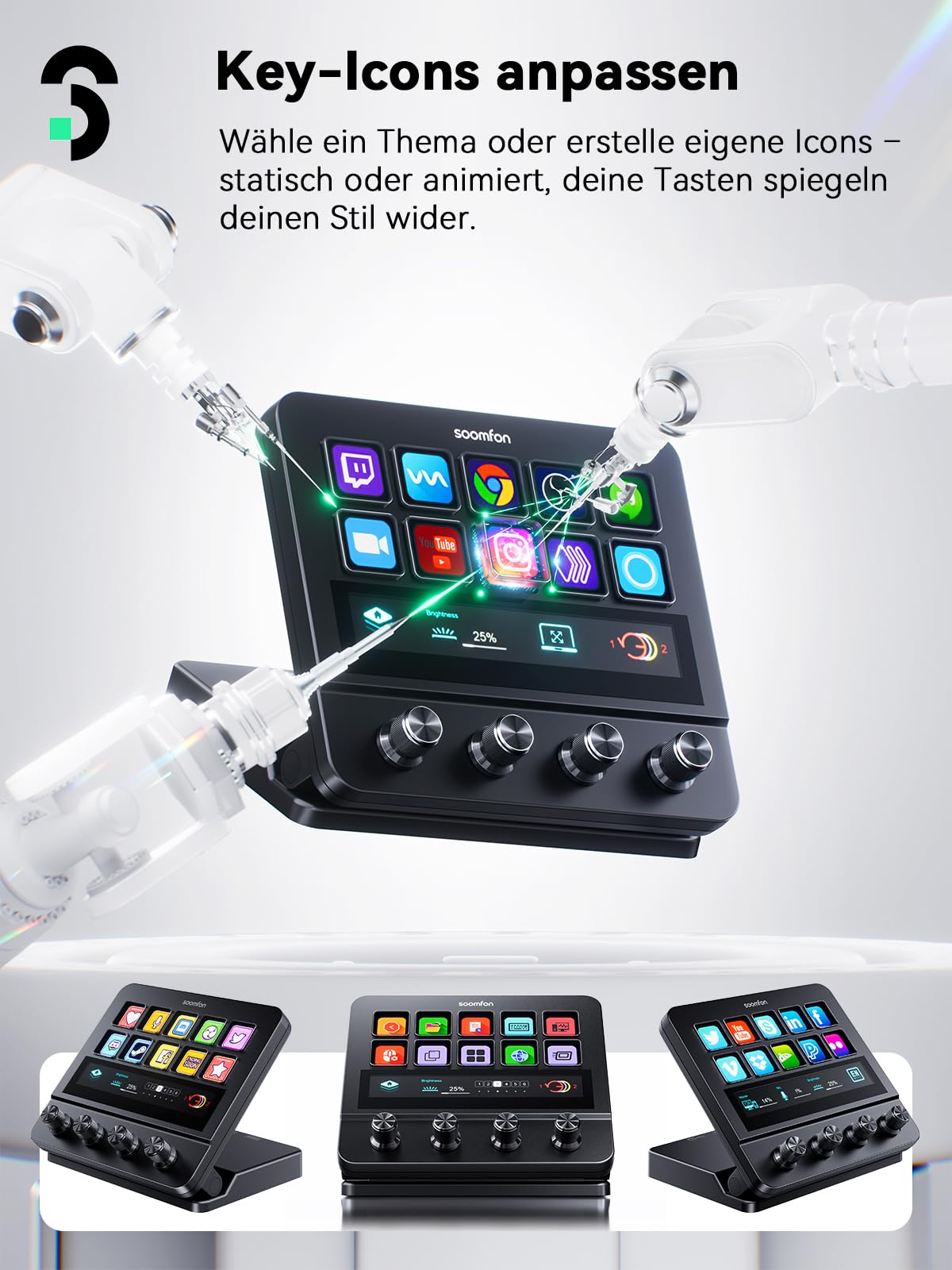 SOOMFON Stream Controller Deck, 10 Makrotasten 4 Drehknöpfen & Touchscreen | 2X USB-A&USB-C, kompatibel mit OBS, Voicemod, Twitch, PS, Youtube, ETS, ideal für Streaming Gaming Creator, Mac & Windows
