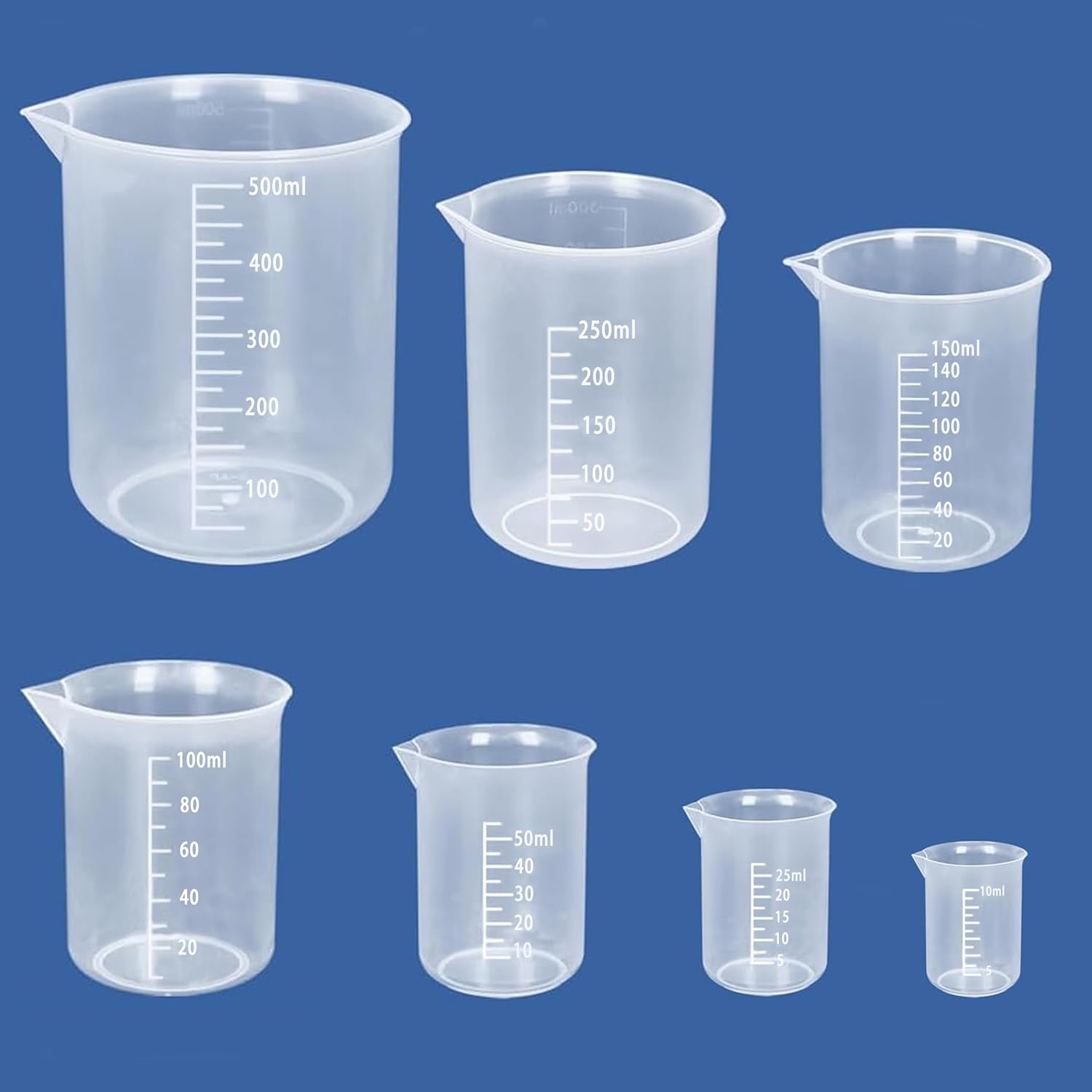 7 Sizes Plastic Graduated Cylinder and Plastic Beakers Set, Beakers 10ml 25ml 50ml 100ml 150ml 250ml 500ml, Ideal for DIY and Science Lab