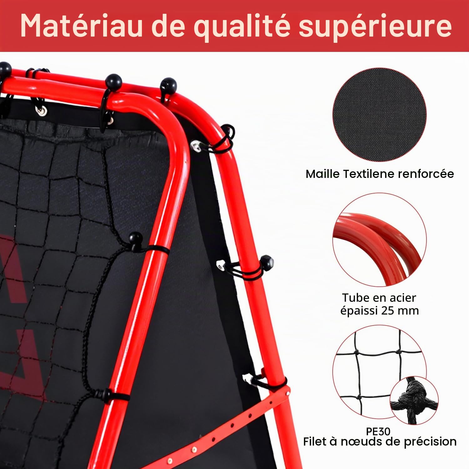 Filet de Rebond Double Face - Angle réglable sur 5 Niveaux Filet de Rebond avec Cible de Kickback pour Enfants But de Football Portable pour Jardin extérieur 100x100 cm Rouge Filet de Rebond Football