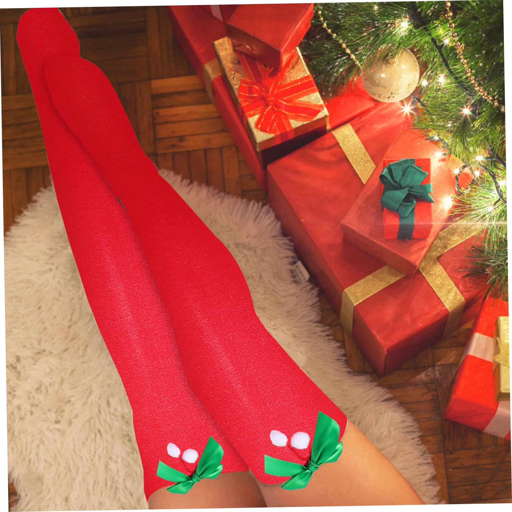 GALPADA 1 Paire Chaussettes Costume Elfe Noël Santa Hiver Voyage Chauffe-Anniversaire Faveurs Rouge Accessoires Cadeau Adultes Filles Cosplay Pom Vacances Femmes Boules Robe