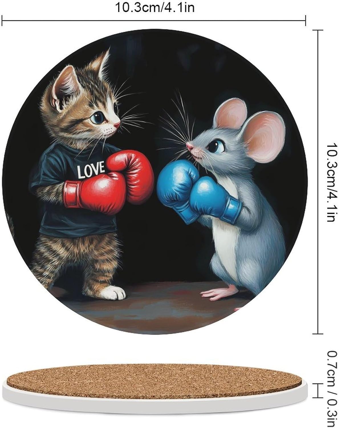 Funny Cat and Fat Coasters for Drink Round Ceramic Coaster with Cork Base Home Decorative 6PCS