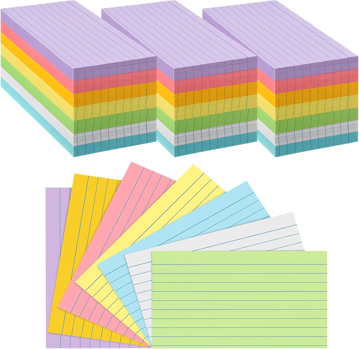 Fainne 2100 Pcs Colored Index Cards Bulk Neon Ruled Note Cards with Lines for Studying Rainbow Pad Index Notecards for Studying School Supply College Office(3 x 5 Inch,Light Color)