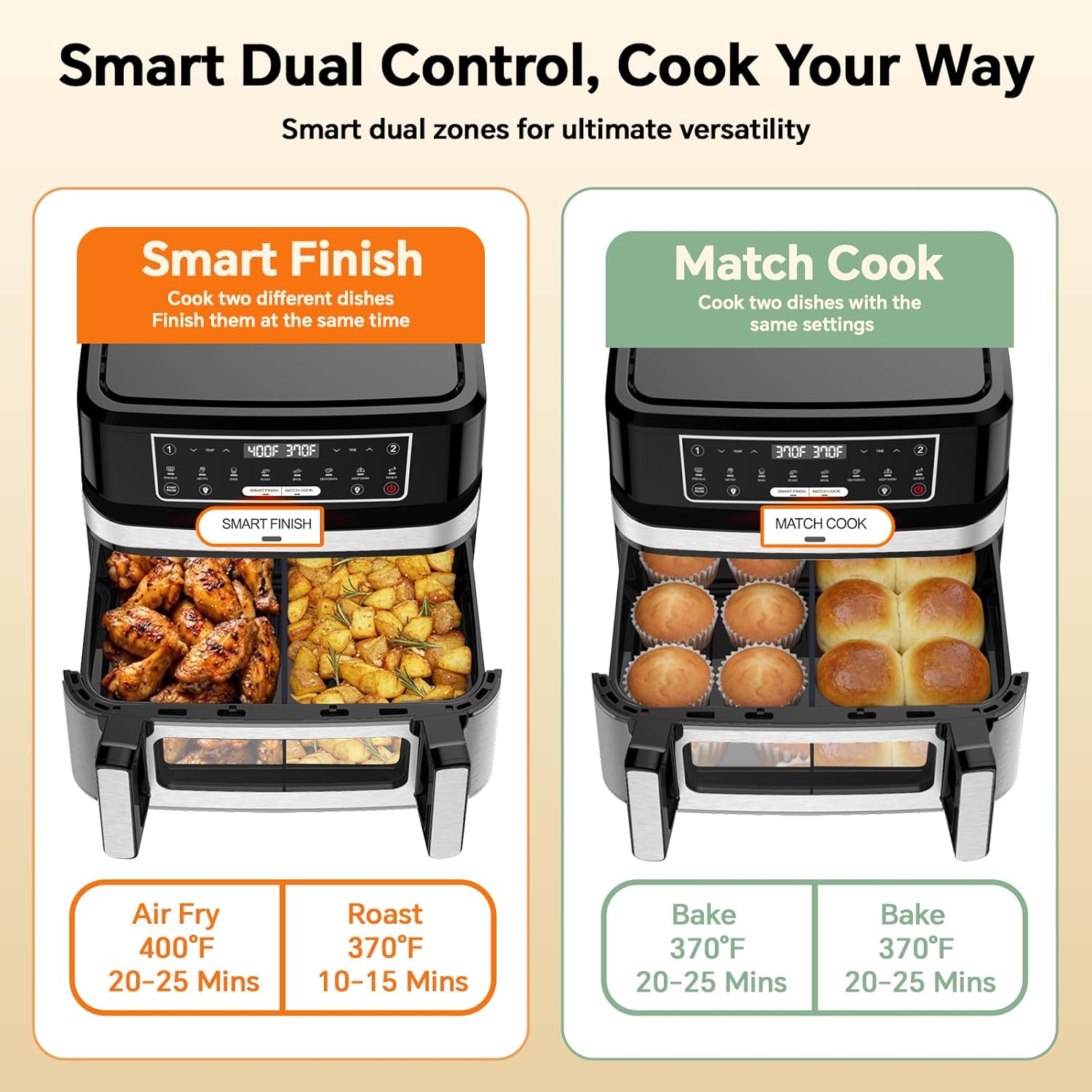 1600W Dual Zone Air Fryer Oven,12.69QT with Divider,Nonstick & Dishwasher-Safe Basket,Match Cook & Smart Finish to Roast,Recipes for Easy Cooking,Digital Touchscreen,Metal Sliver